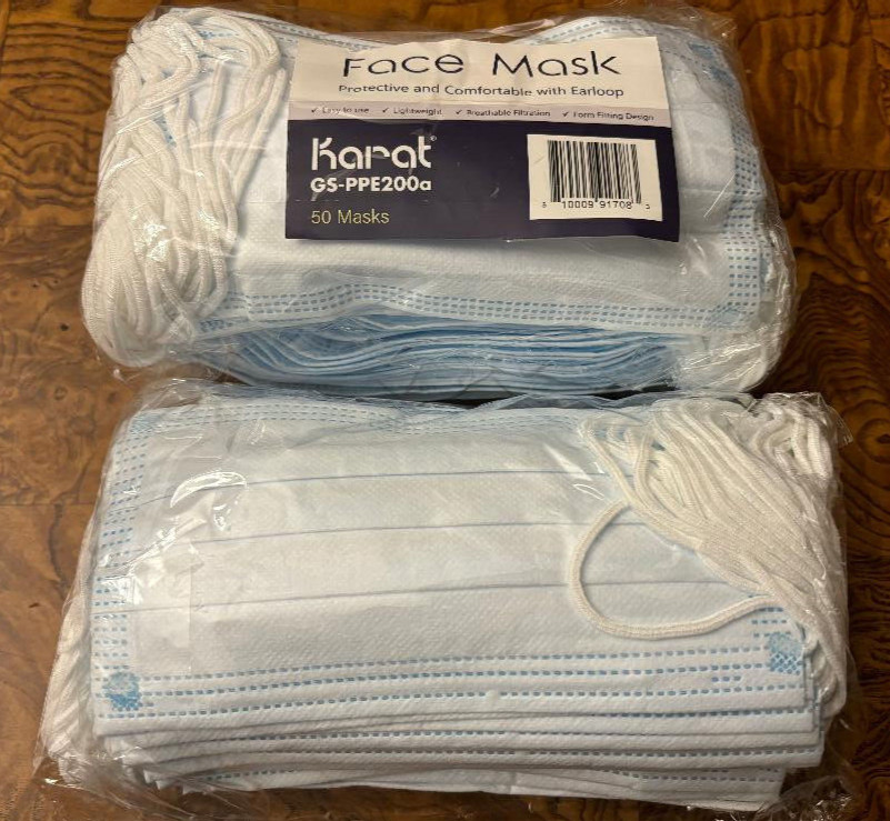 Karat 3-Ply Face Masks with Elastic Ear Loop – Blue – 100 pcs, GS-PPE200a