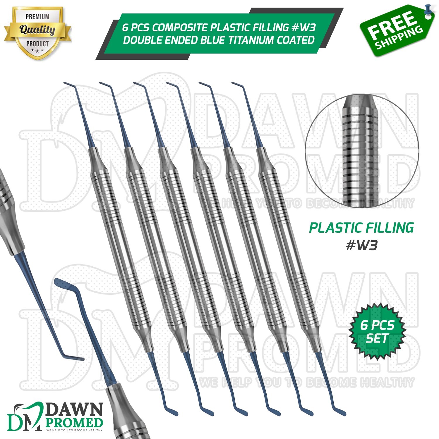 6 Pcs Composite Plastic Filling Instrument #W3 Double Ended Blue Titanium Coated