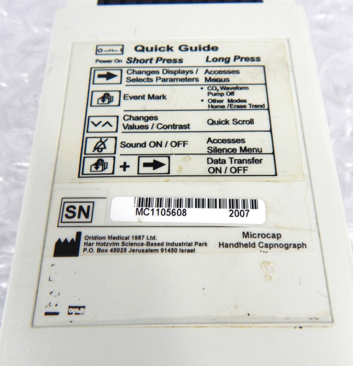 ORIDION MICROCAP HANDHELD CAPNOGRAPH S/N 608