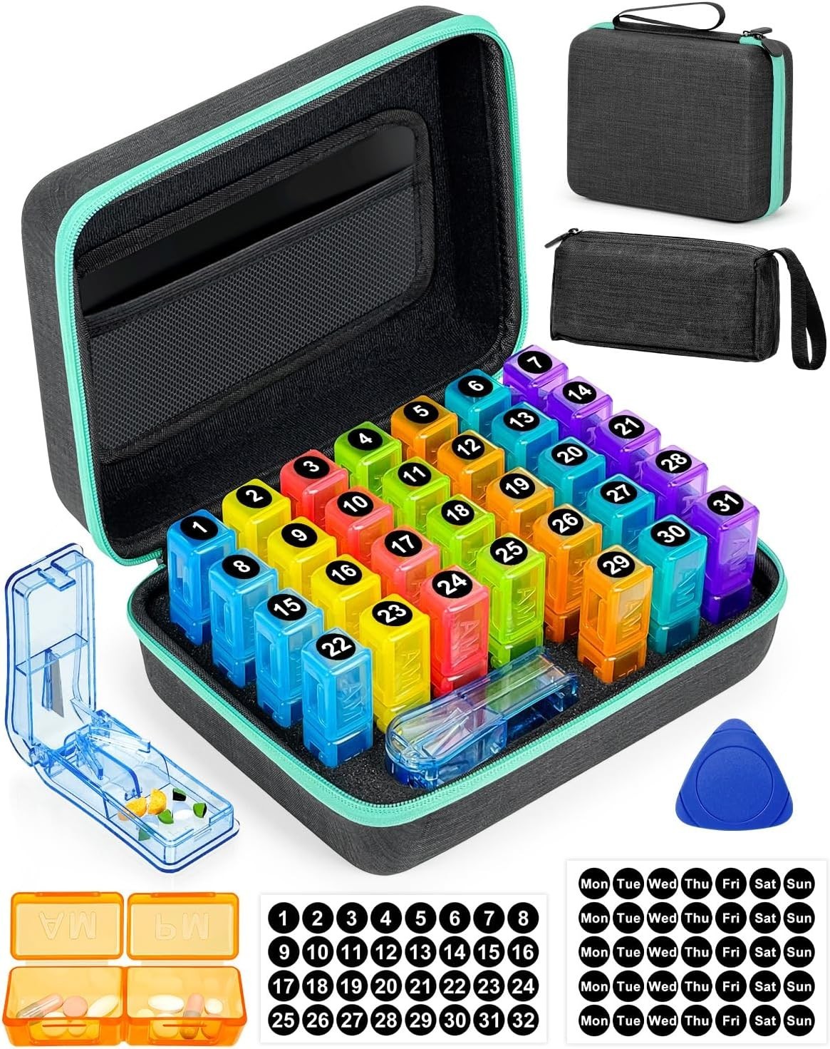 Monthly Pill Organizer 2x Day w/ Weekly Bag, 30 Day, Pill Cutter, Travel Case