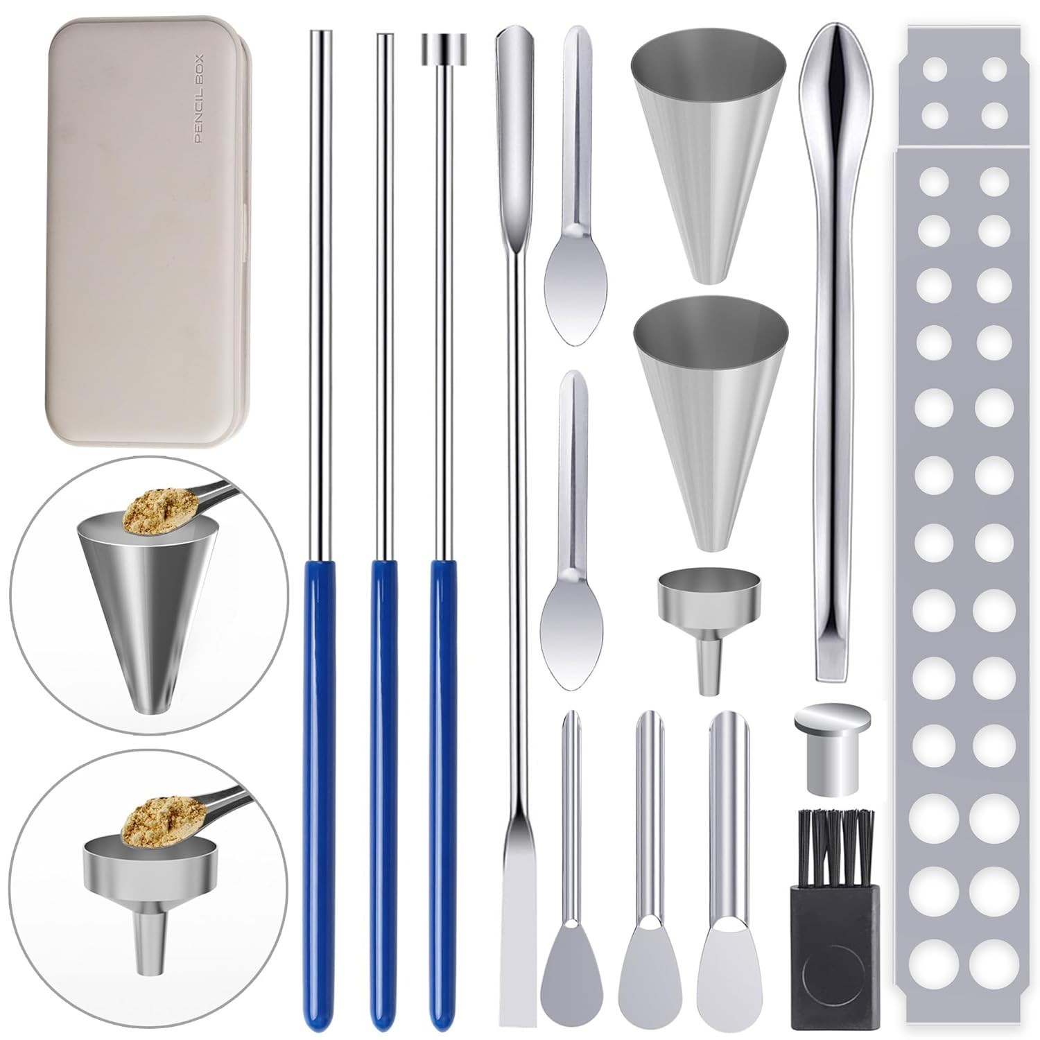 Filling Tools Kit 16Pcs Lab Funnels Scoops Spatula Tamper for Powder Transfer