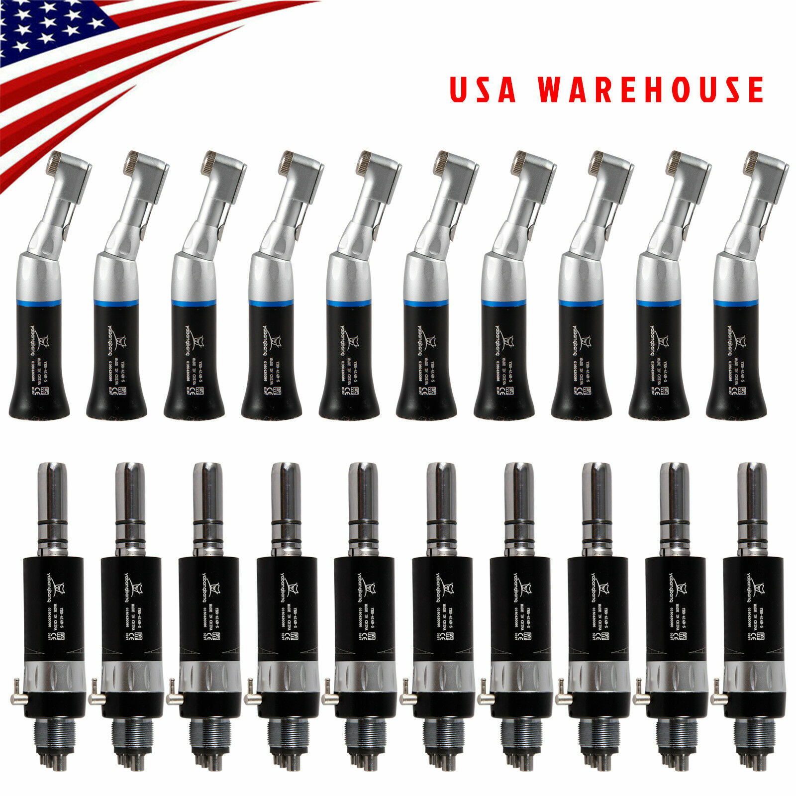 10 Sets Dental Air Motor 4Hole E-type + Low Speed Contra Angle Black fit 2.35mm