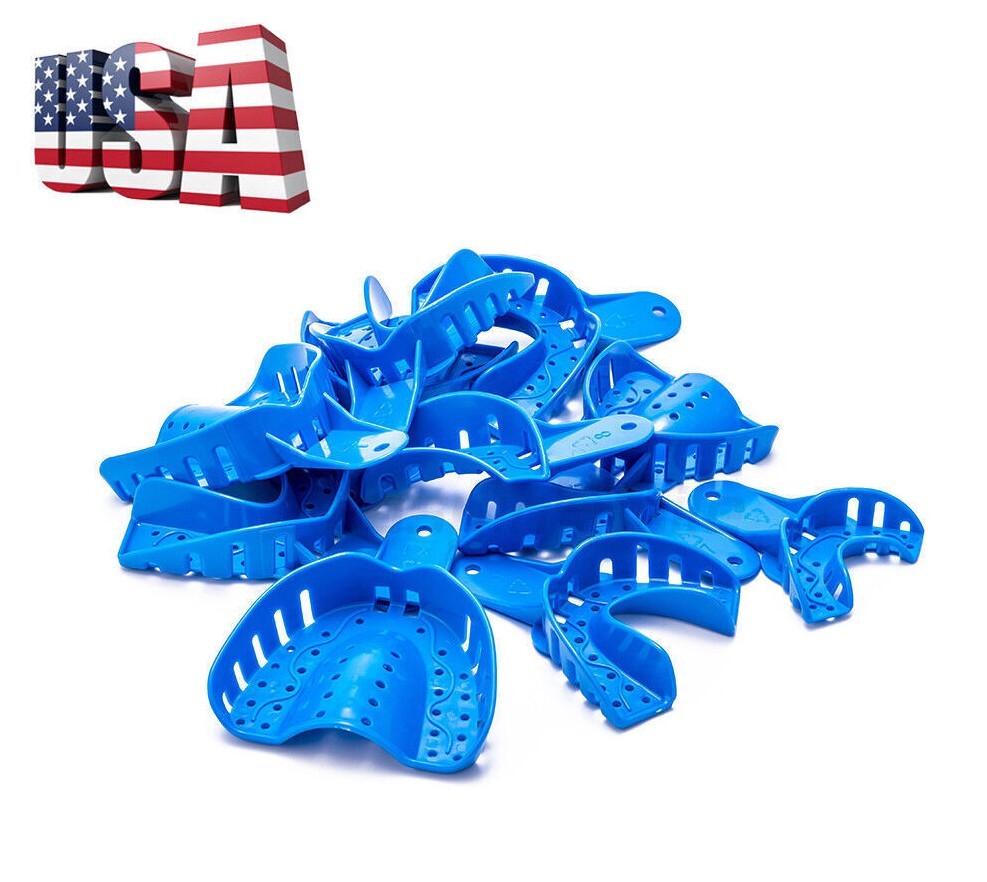 Dark Blue Dental S/M/L/XL Perforated Plastic Impression Trays Upper/Lower 12Pc