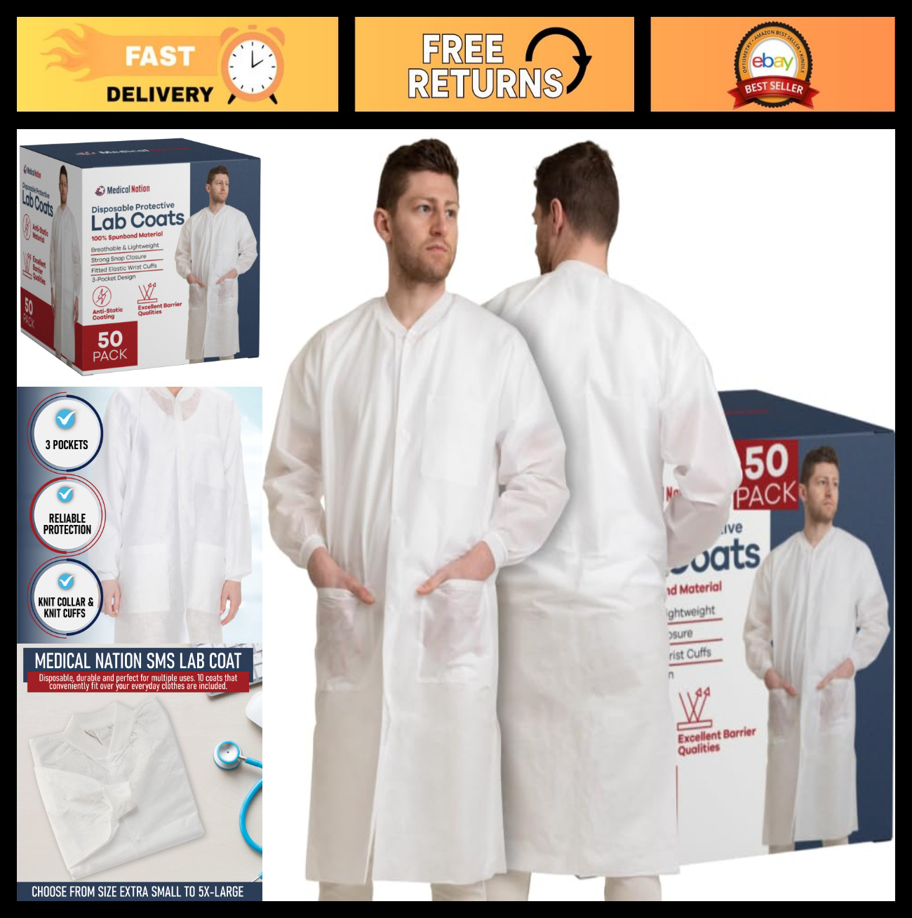 50 Pack Disposable Lab Coats – White Knee Length with 3 Pockets, XL for Hospital
