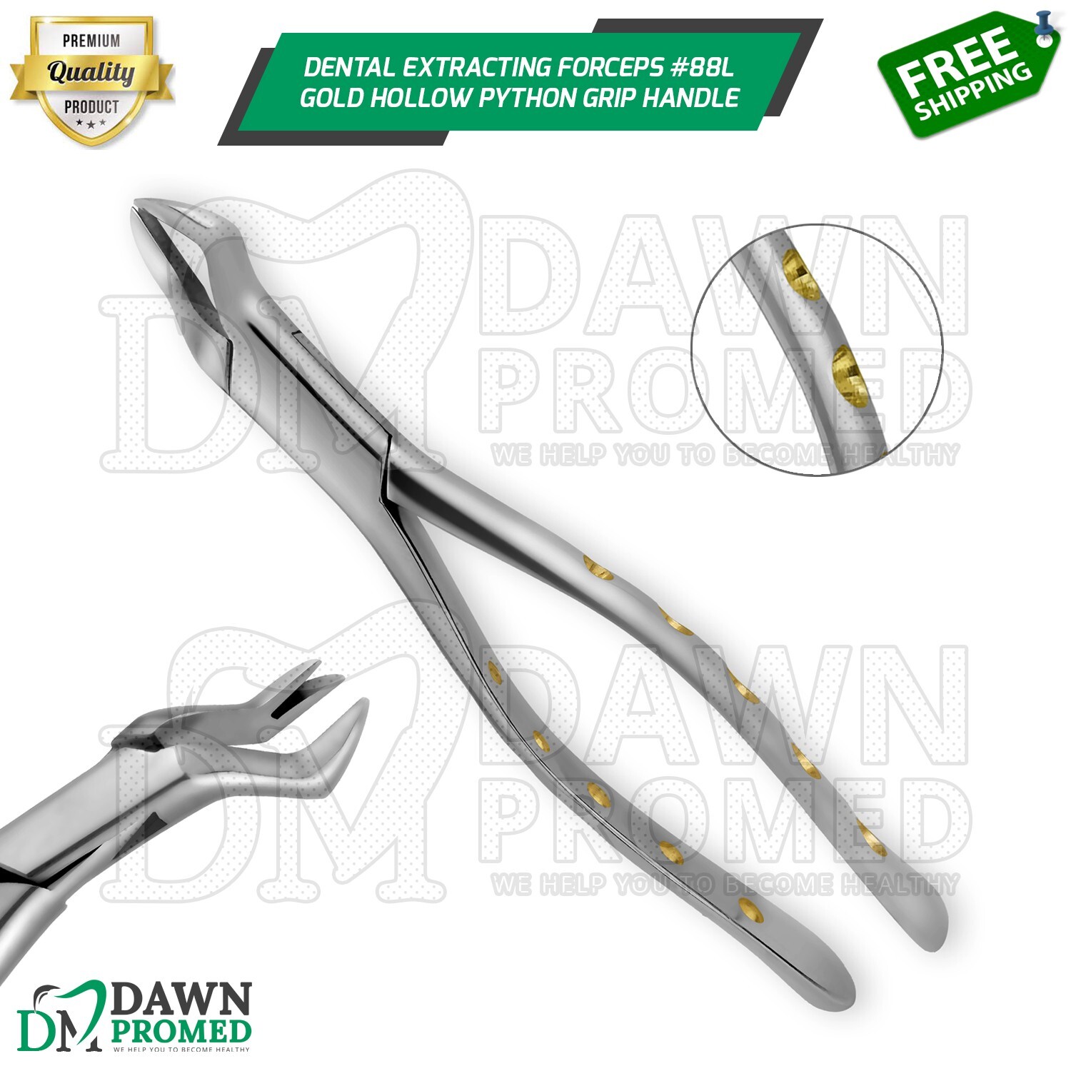 Dental Extracting Forceps #88L Gold Hollow Python Grip Handle German Grade