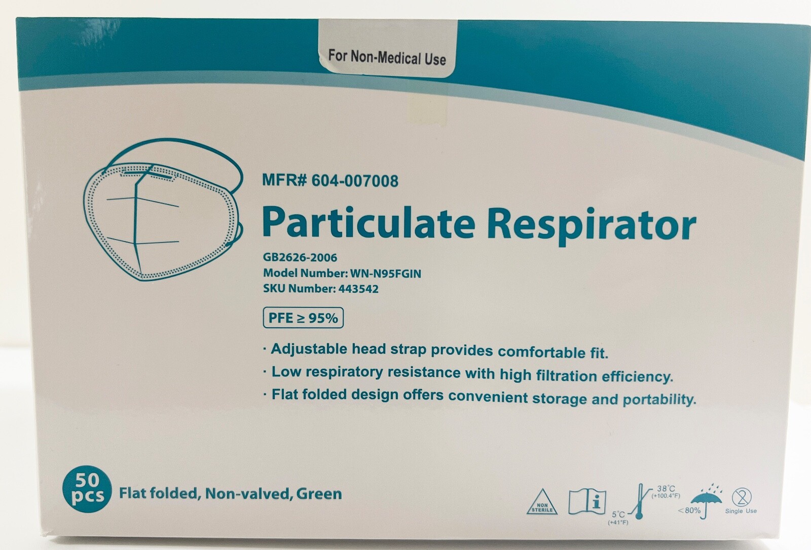 N95 Respirator Mask Winner Model WN-N95FGIN 50 Pack For Non Medical Use Mask
