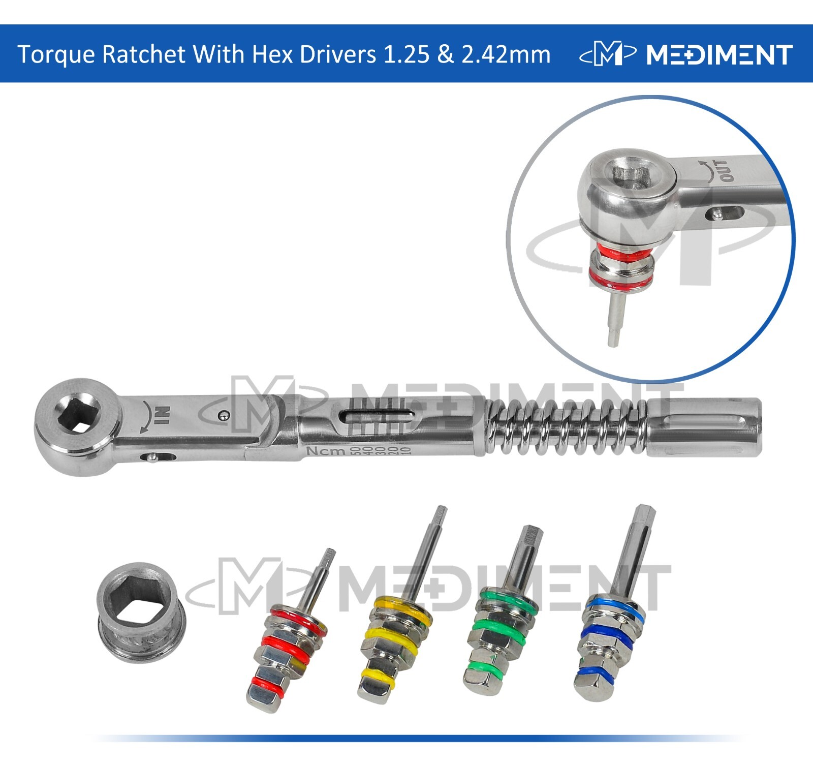 4 Pcs Dental Hex Drivers Adapter Long & Short 1.25mm & 2.42mm With Ratchet