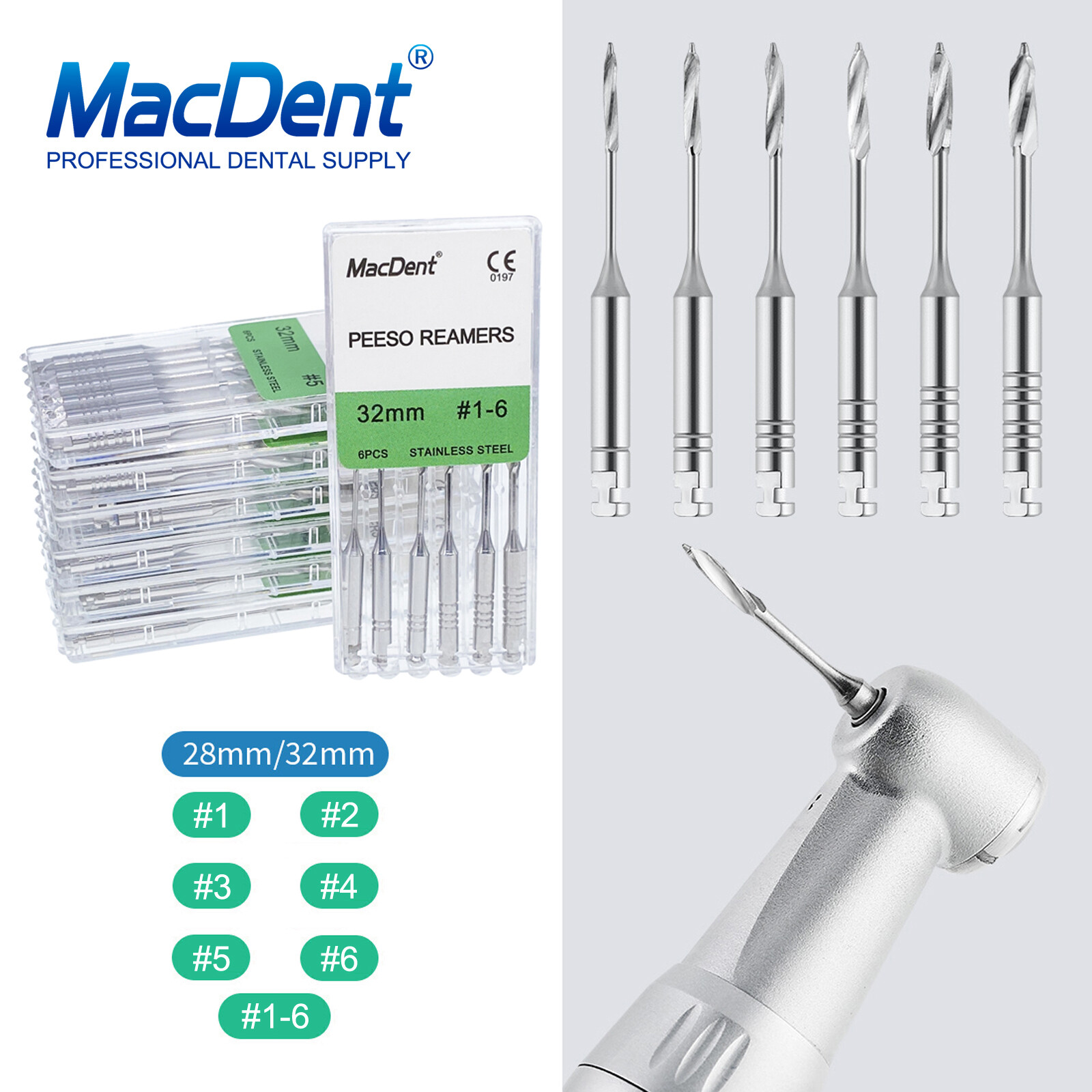 MacDent Dental Endo Peeso Reamers/Glidden Gates Spiral Burs Root Canal 1-6 files