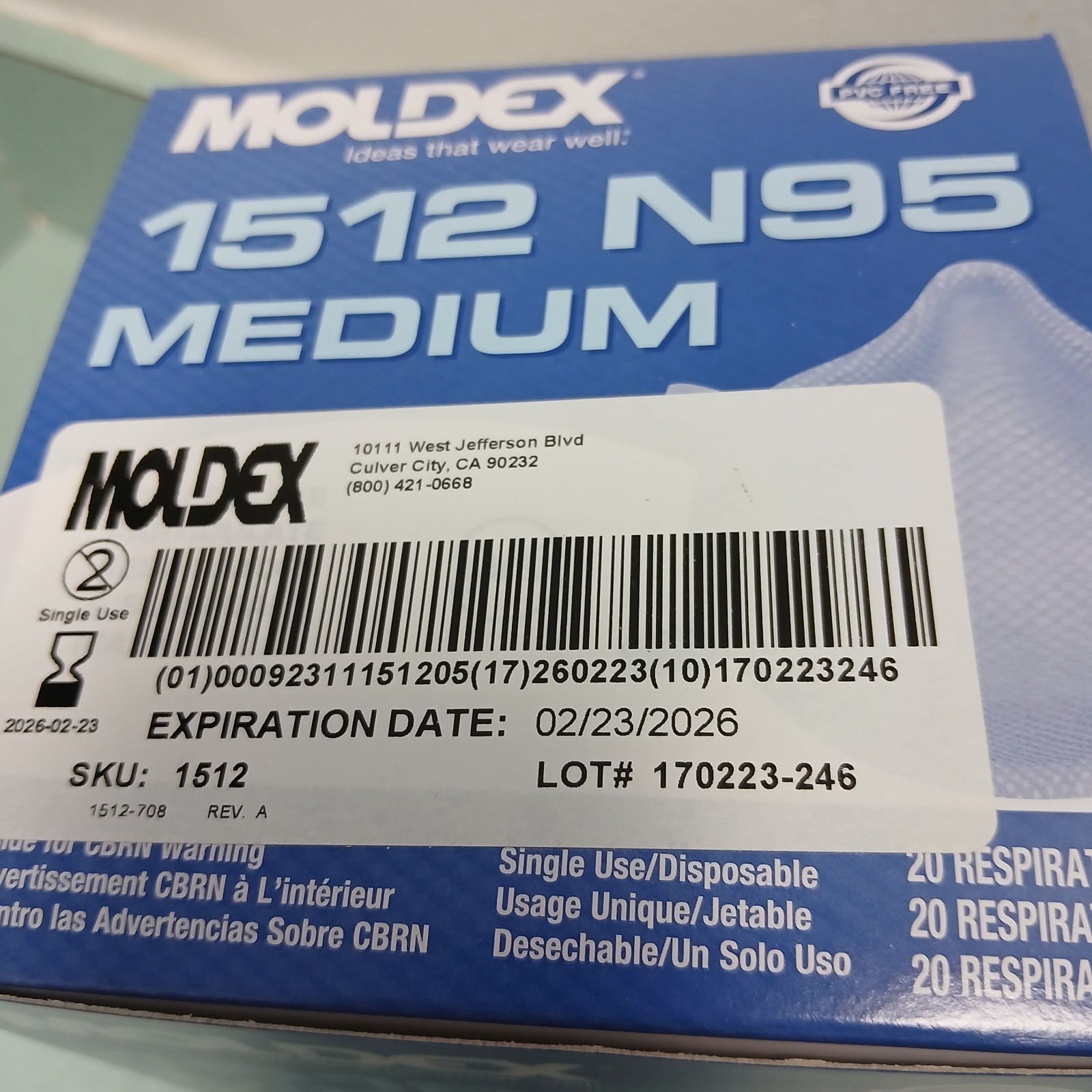 Moldex N95 Respirator surgical Masks Case of 160 # 1512 Medium Exp. Date 03/2026