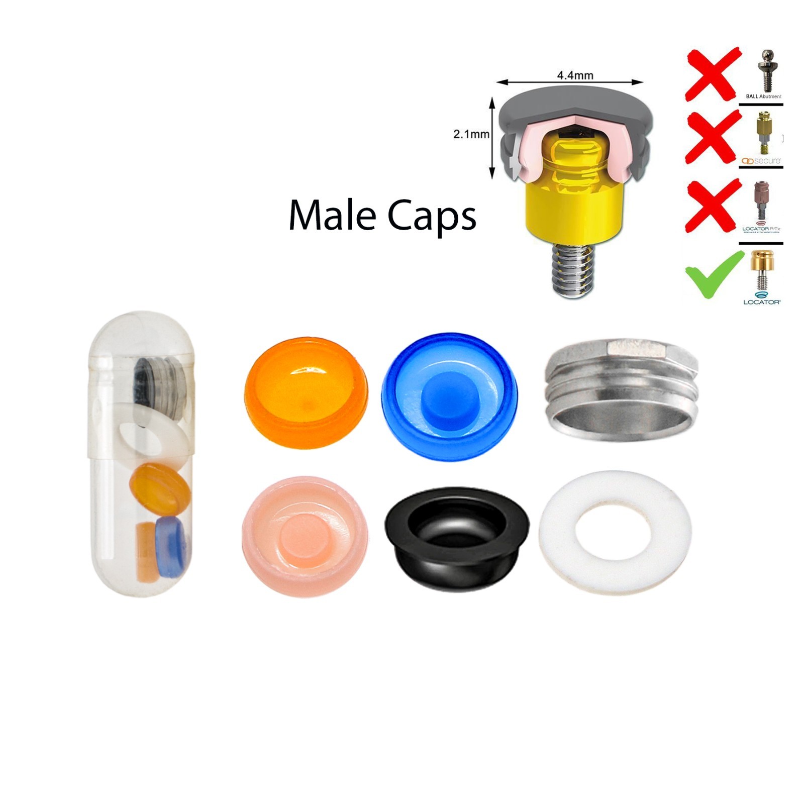 Dental Universal Implant Retention Locator Male Caps 1.2lbs 2.4lbs Metal Inserts