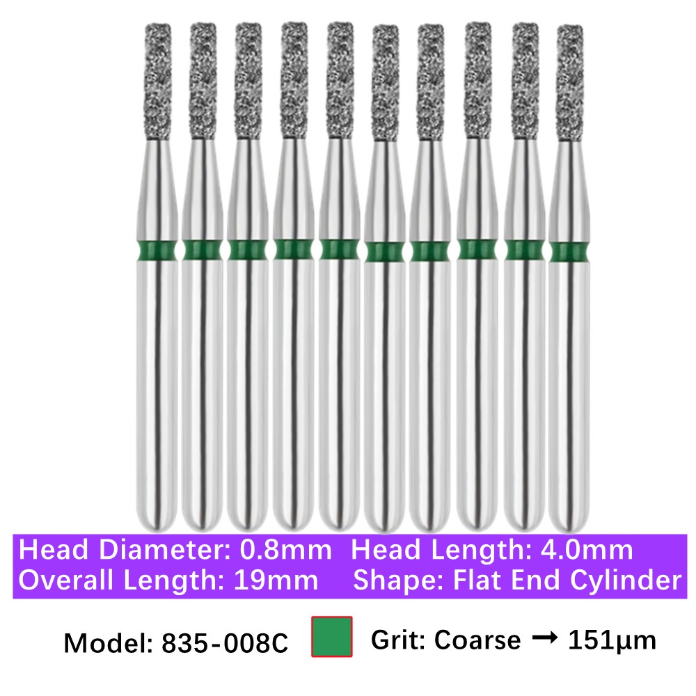 10/Pk Dental FG Diamond Burs Flat End Cylinder Shape 835-008C Coarse Grit