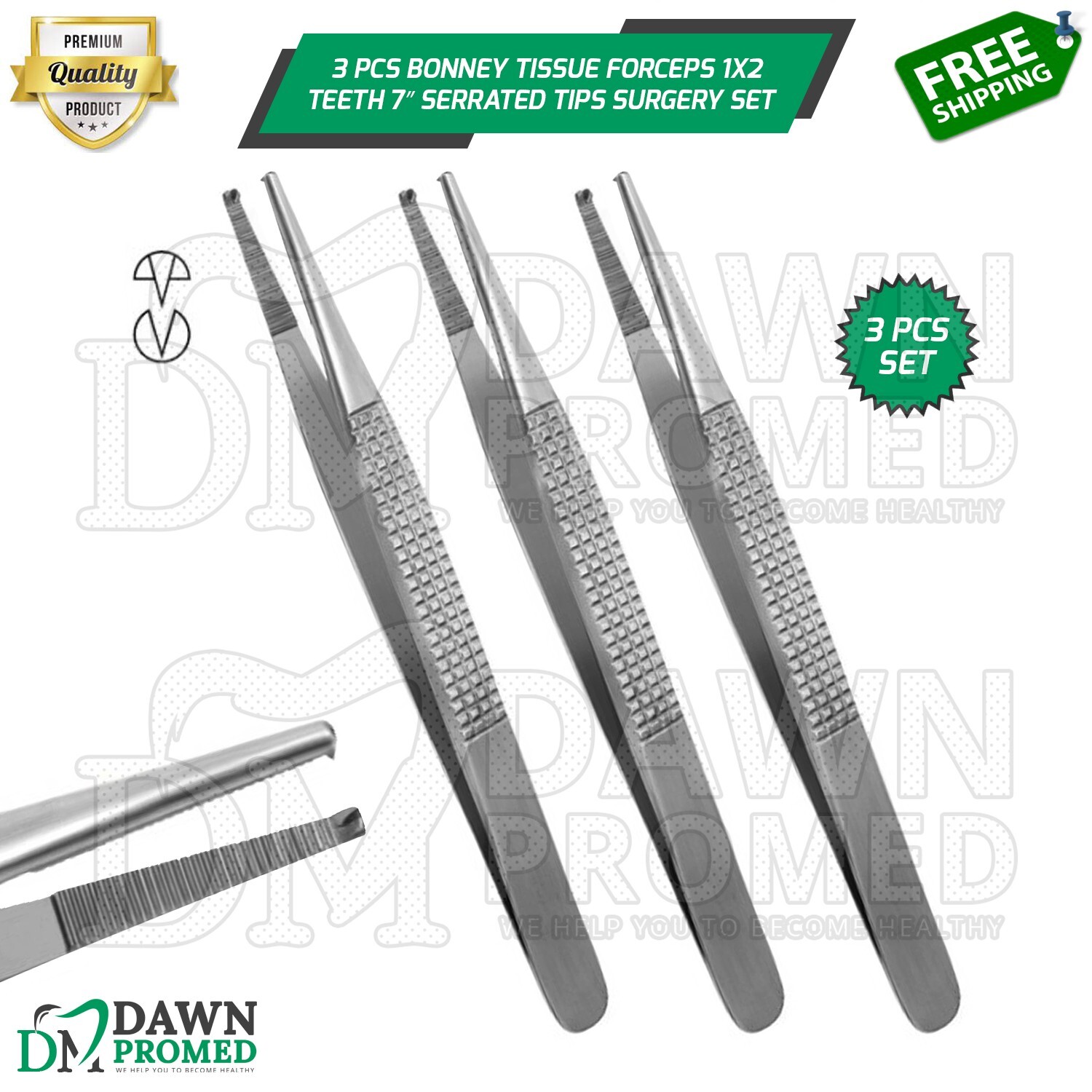 3 Pcs Bonney Tissue Forceps 1×2 Teeth Serrated Tips 7″ Surgery Instruments Set
