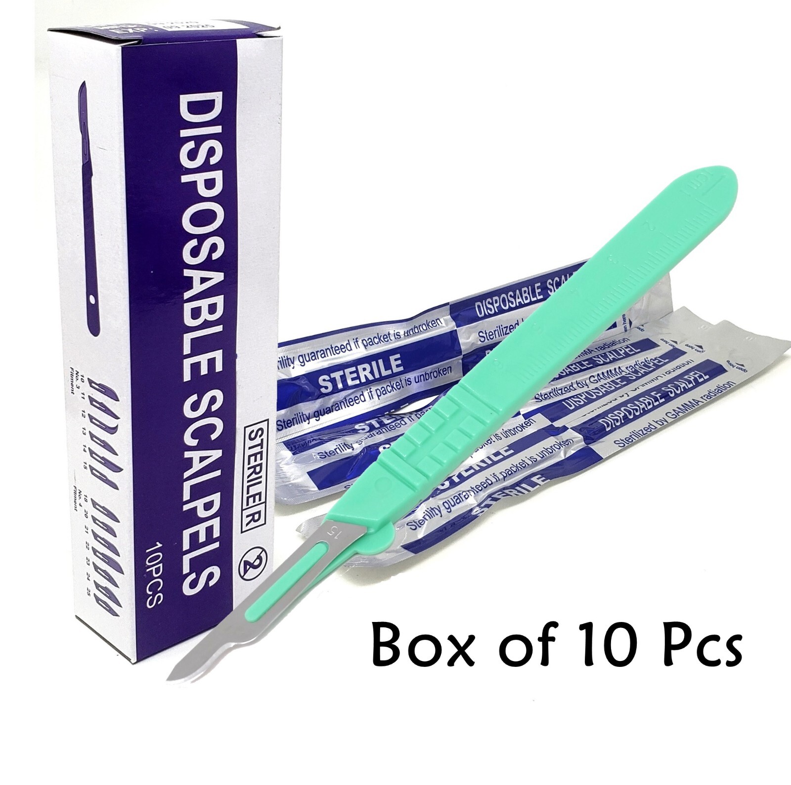 10 DISPOSABLE STERILE SURGICAL SCALPELS #15 WITH GRADUATED PLASTIC HANDLE