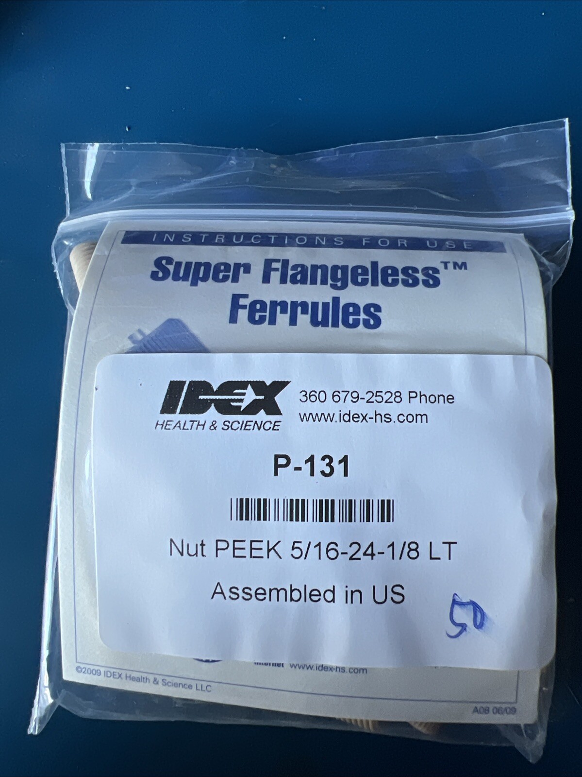 50pk IDEX P-131 Super Flangeless™ Nut 5/16-24 Flat-Bottom, for 1/8″ OD