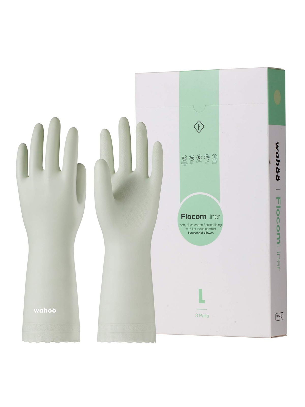 LANON 3~Pair Reusable Dishwashing Gloves, Cotton Lined, Non~Slip, Large