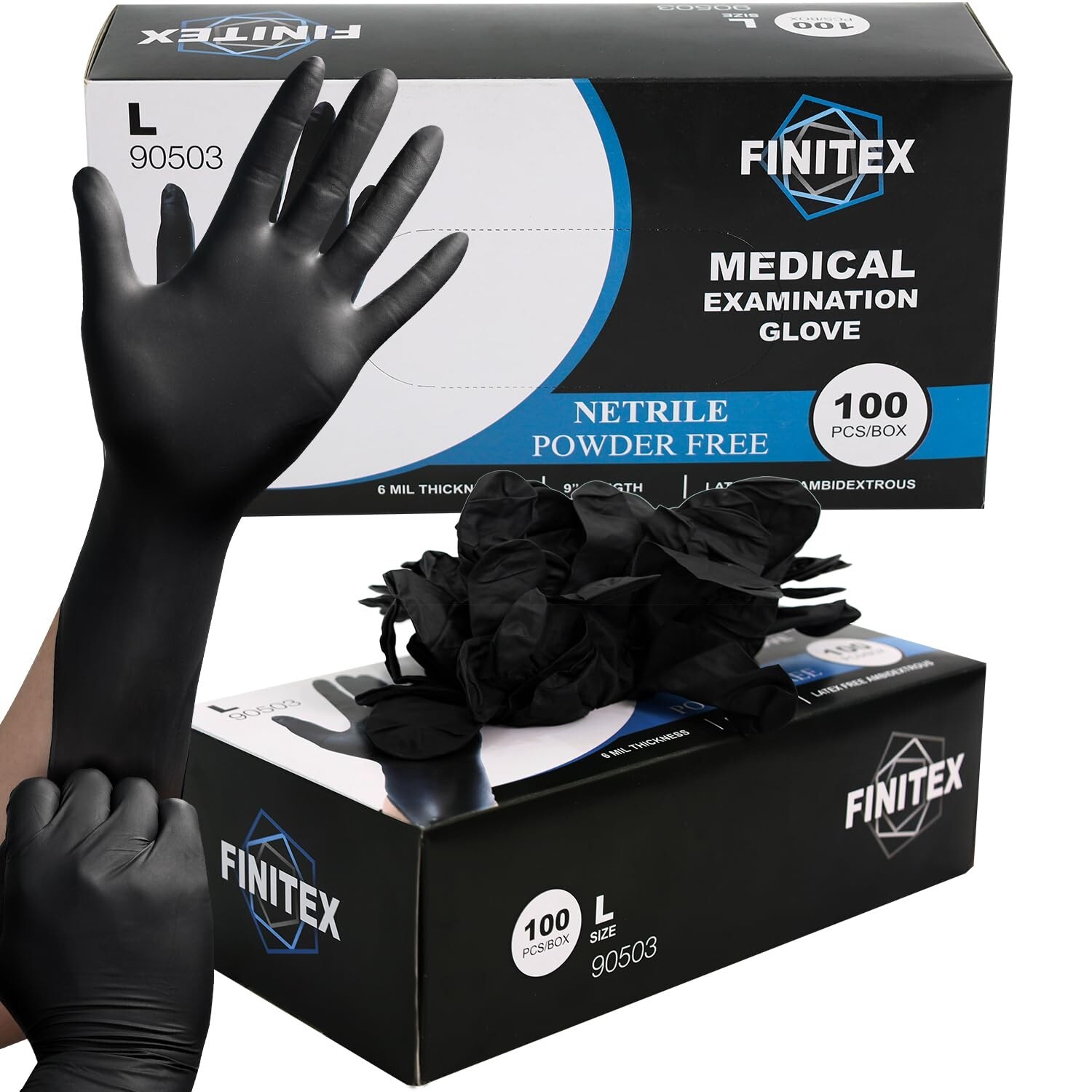 FINITEX Black Nitrile Disposable Medical Exam Gloves – 100/1000 PCS 6mil Glov…