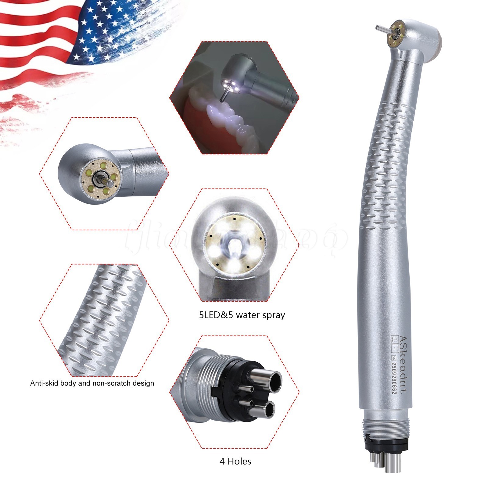 1-10 PCS Dental Shadowless Ring LED High Speed Handpiece 5 Water Spary 4 Holes