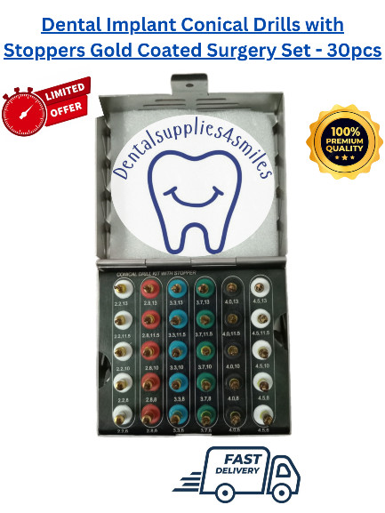 Dental Implant Conical Drills with Stoppers Gold Coated Surgery Set – 30pcs
