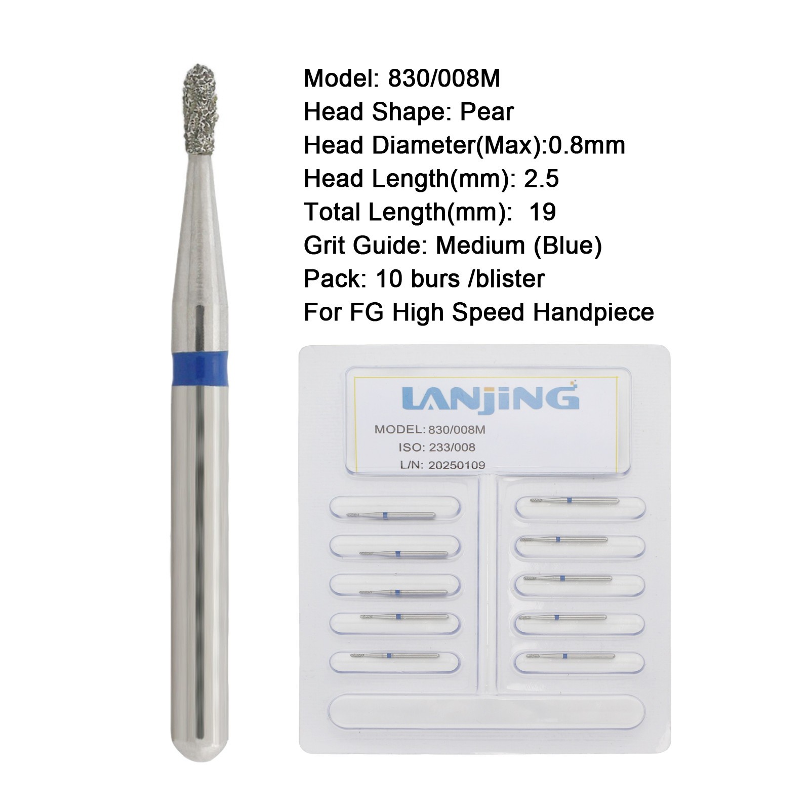 Dental Diamond Burs Pear Shape FG High Speed Bur 830 830L Friction Grip Coarse