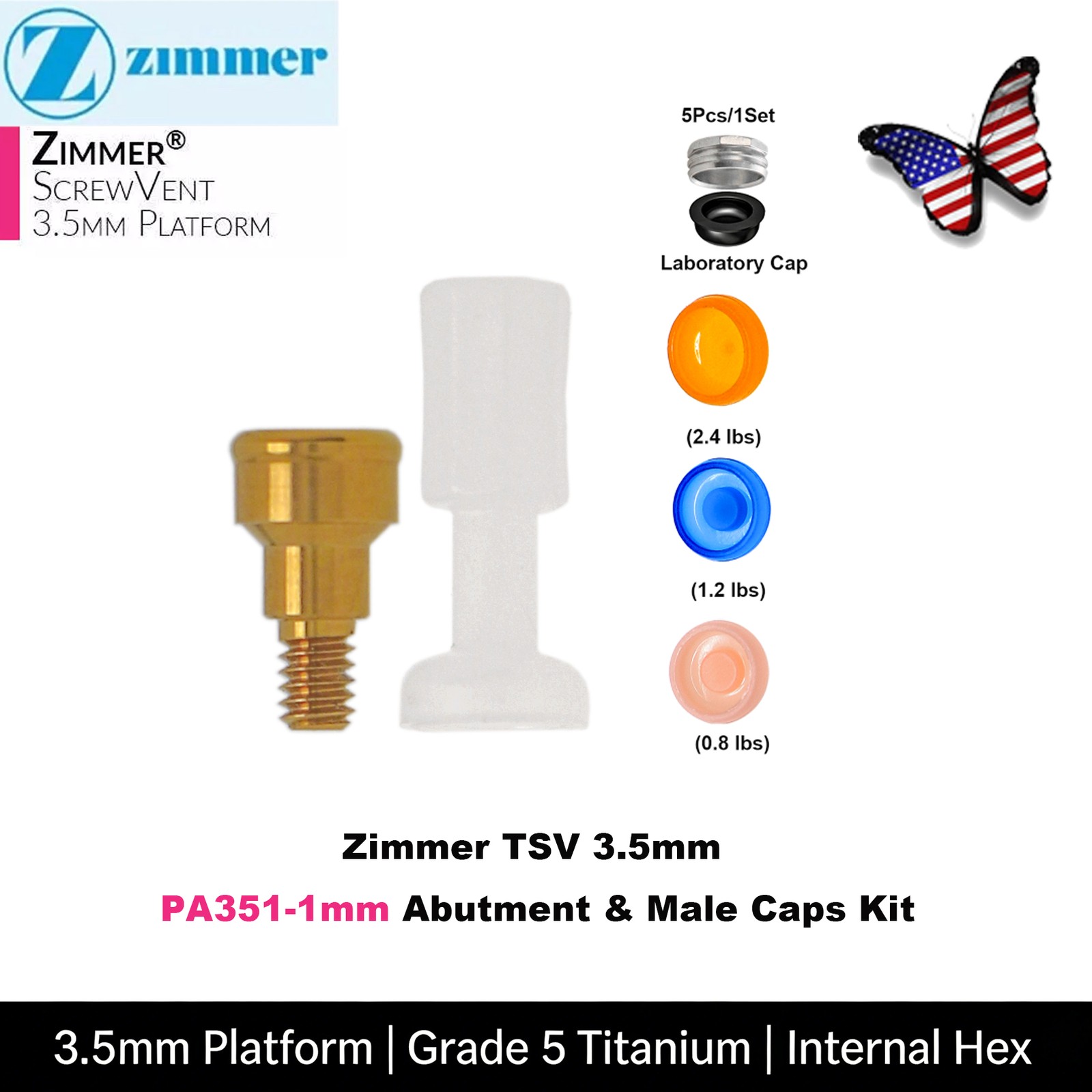 US Dental Locator Abutment Fits Zimmer TSV 3.5/4.5 NP/RP 1-5mm GH Internal Hex