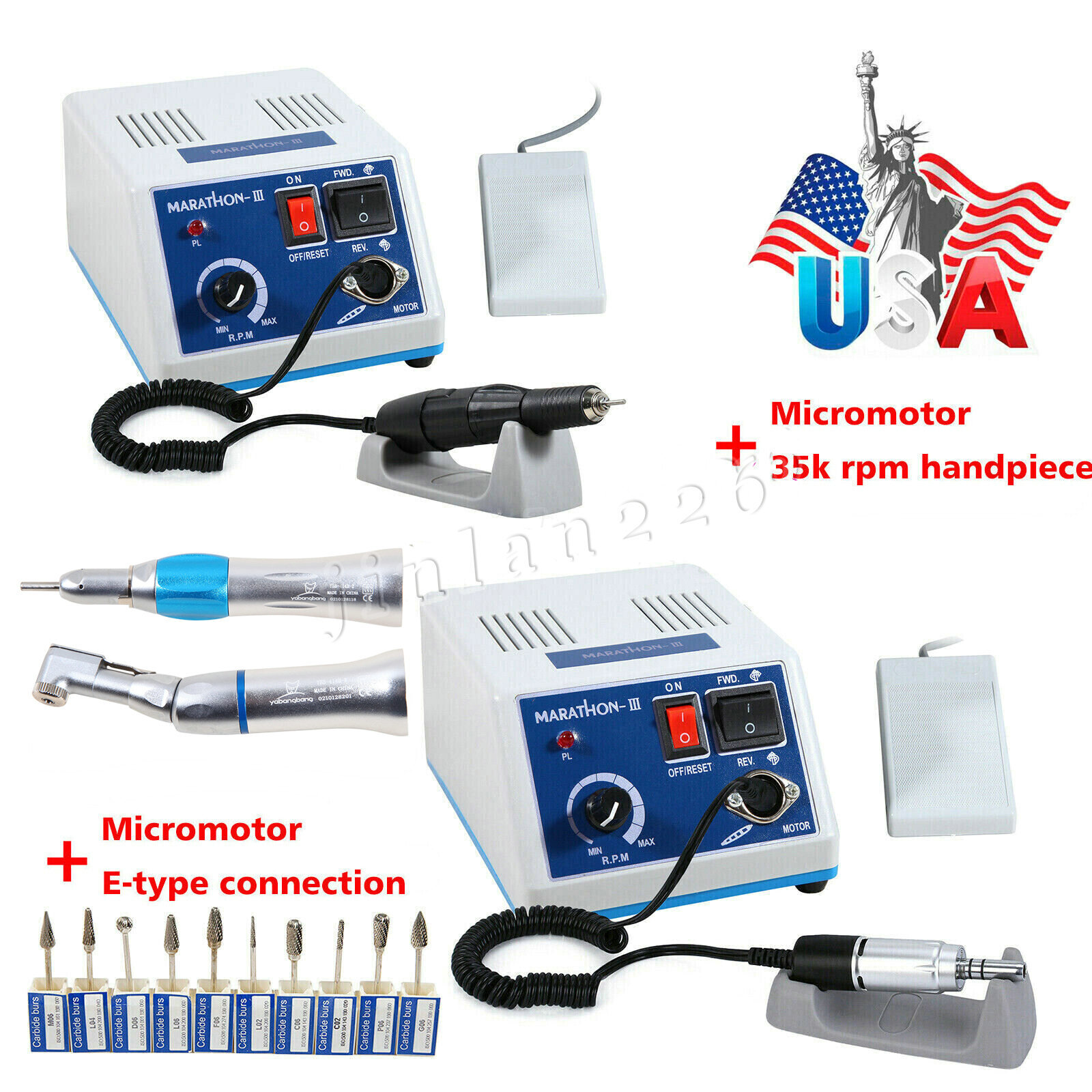 Dental Lab Marathon Micro Motor N3 E Type Unit Polishing Handpiece 35K RPM Burs