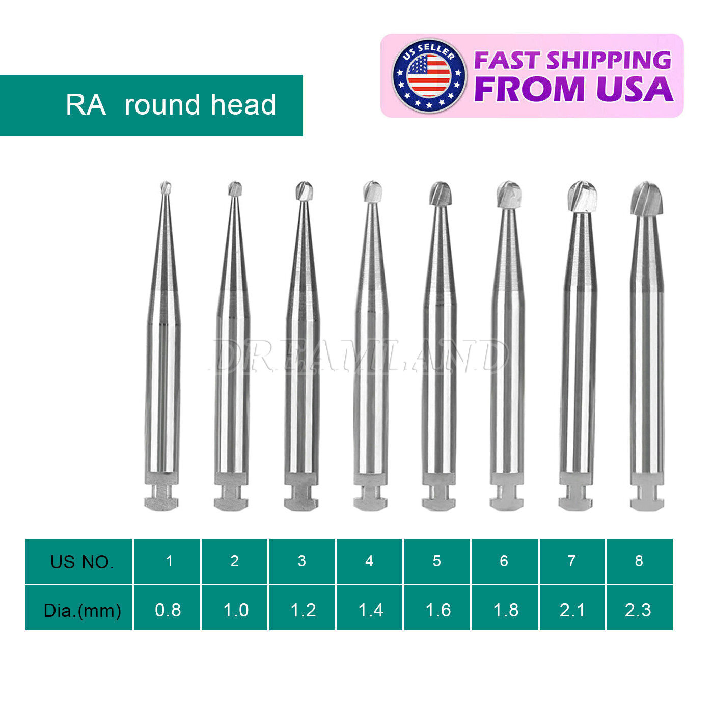 RA #1-8 Regular Round Carbide Burs for Slow Speed Latch RA1-RA8 Dental