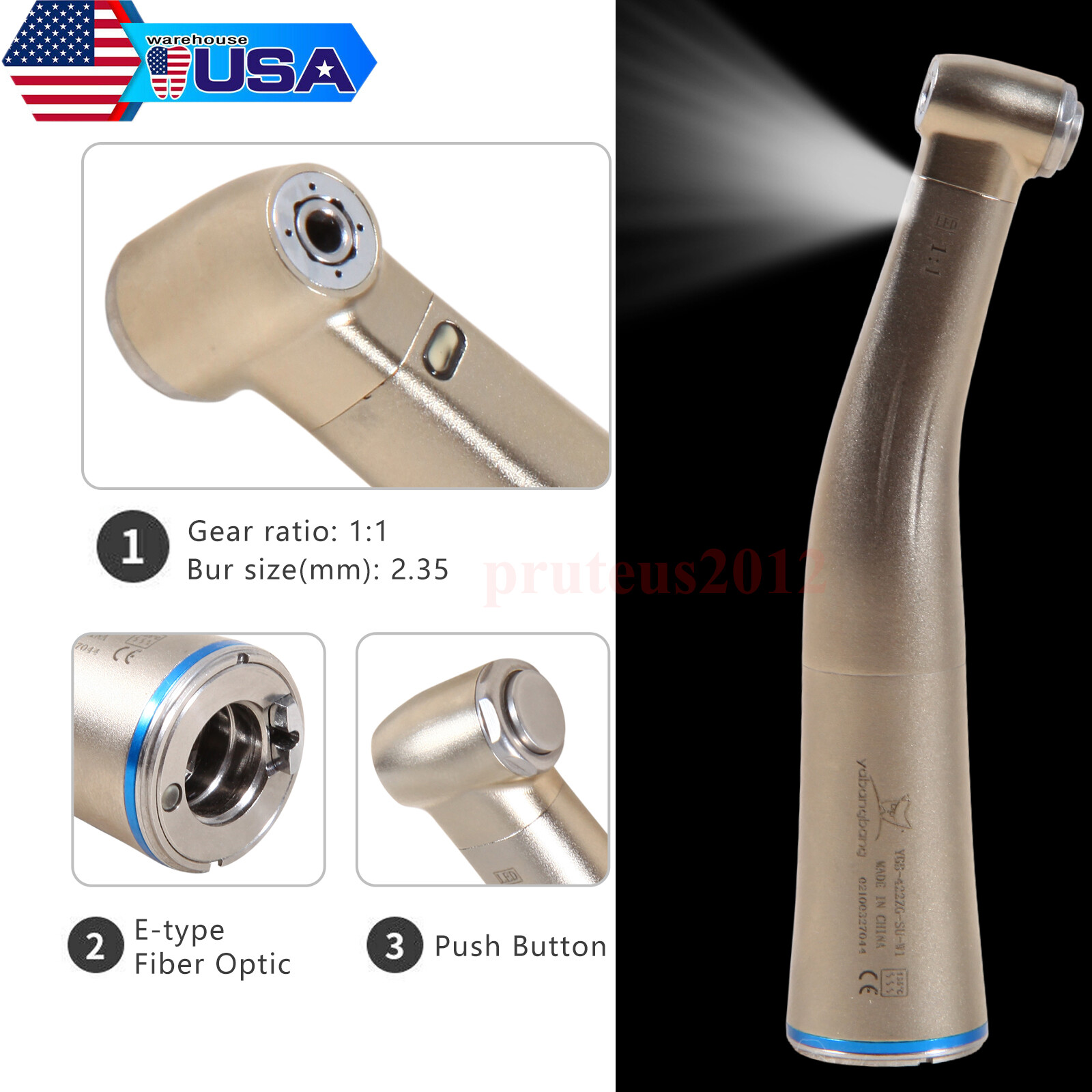 Dental Contra Angle Handpiece 1:1 LED Fiber Optic Low Speed φ2.35mm Fit Kavo NSK