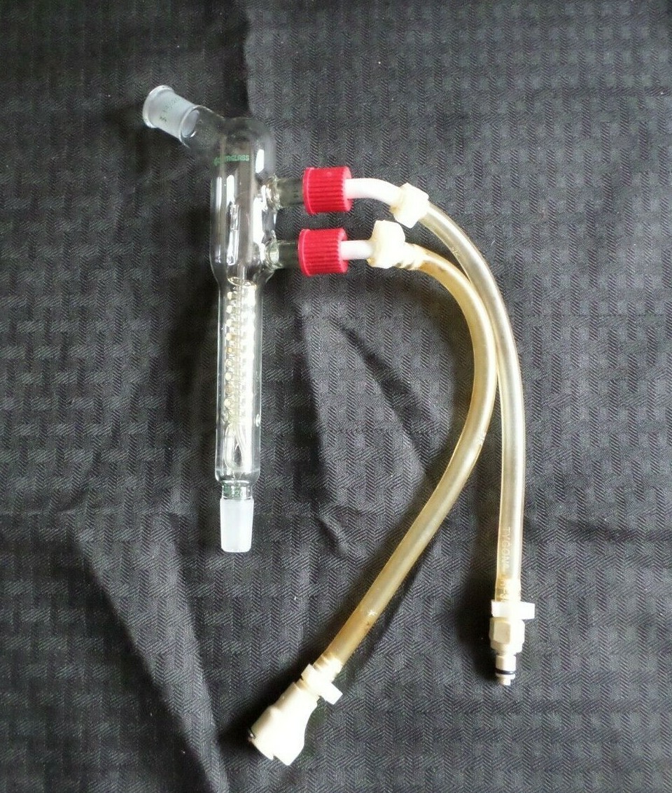 Chemglass 14/20 Reflux Coil Condenser 100mm (210mm OAL) w/ Hose, CG-1213-A-HC-01