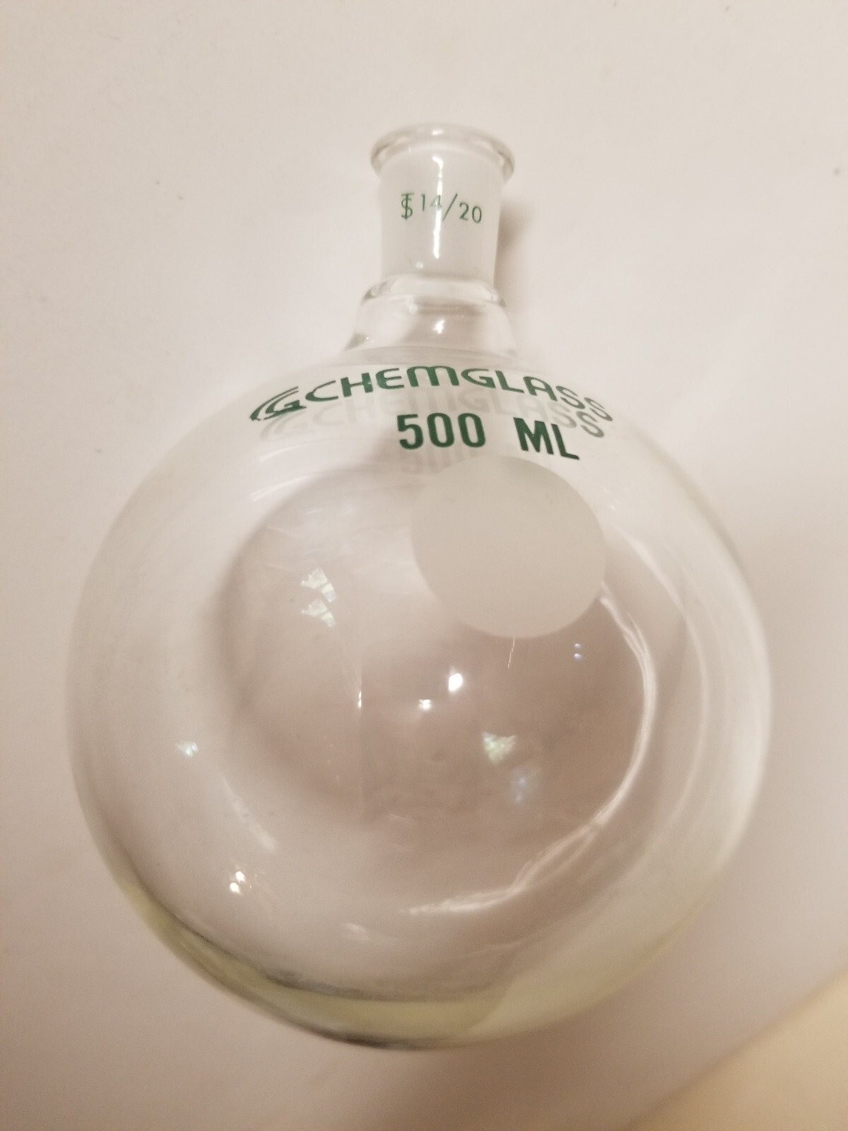 CHEMGLASS 500mL ROUND BOTTOM FLASK CG 1506 94 SINGLE NECK 14/20 JOINT