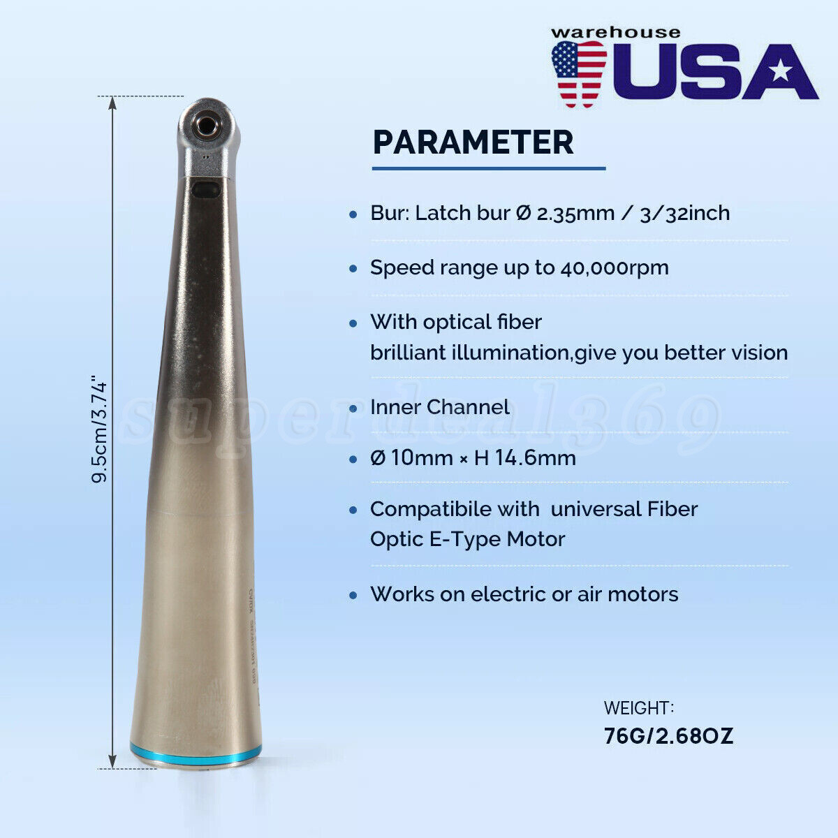NSK Style Dental Fiber Optic 1:1 Contra Angle Low Speed Handpiece Inner Channel