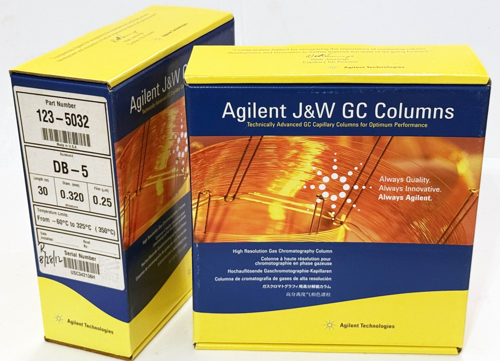 Agilent J&W DB-5 123-5032 GC Column, 30 m, 0.32 mm, 0.25 µm.