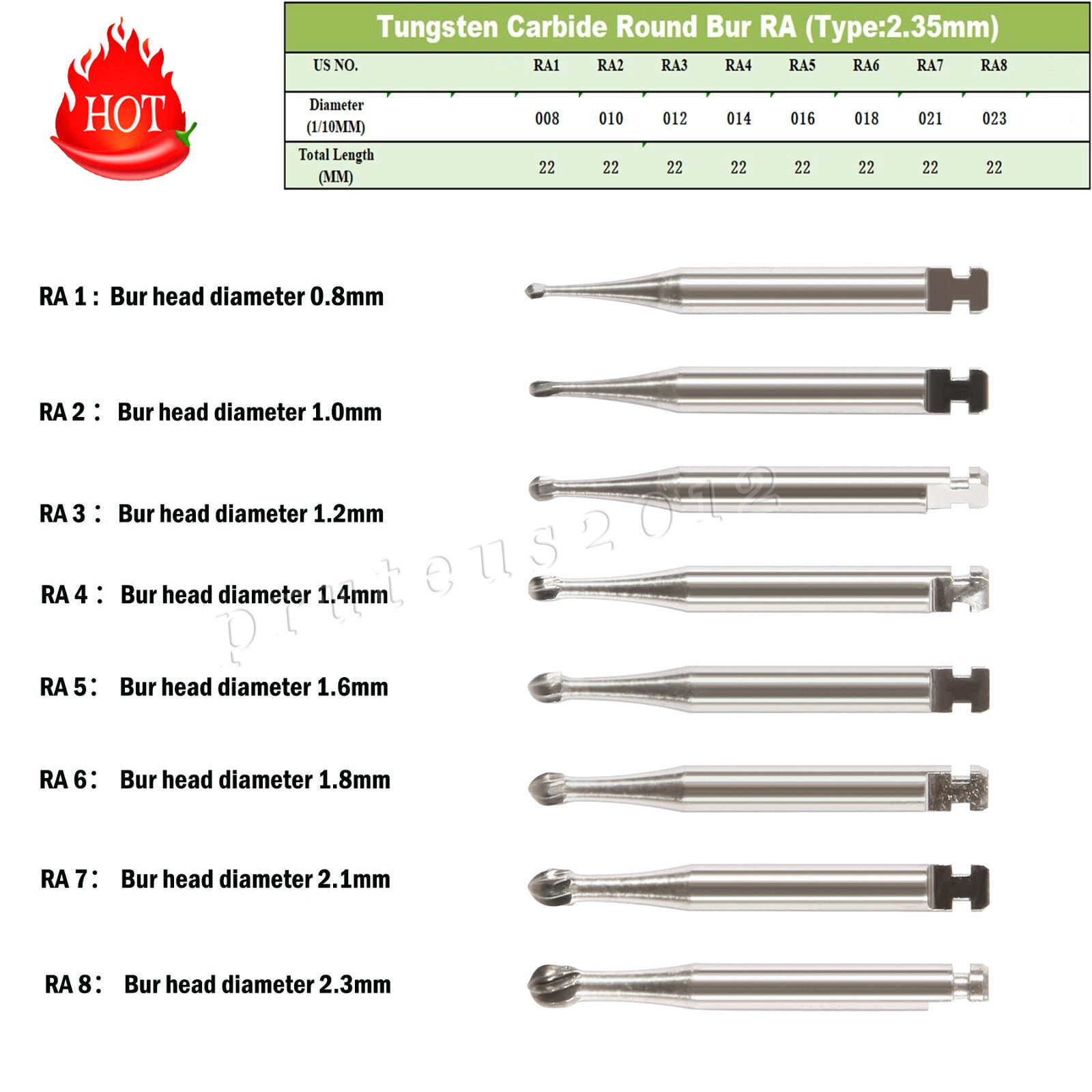 8 Types Dental Round Carbide Bur for Low Speed Latch Type RA 1# – 8# Burs USA