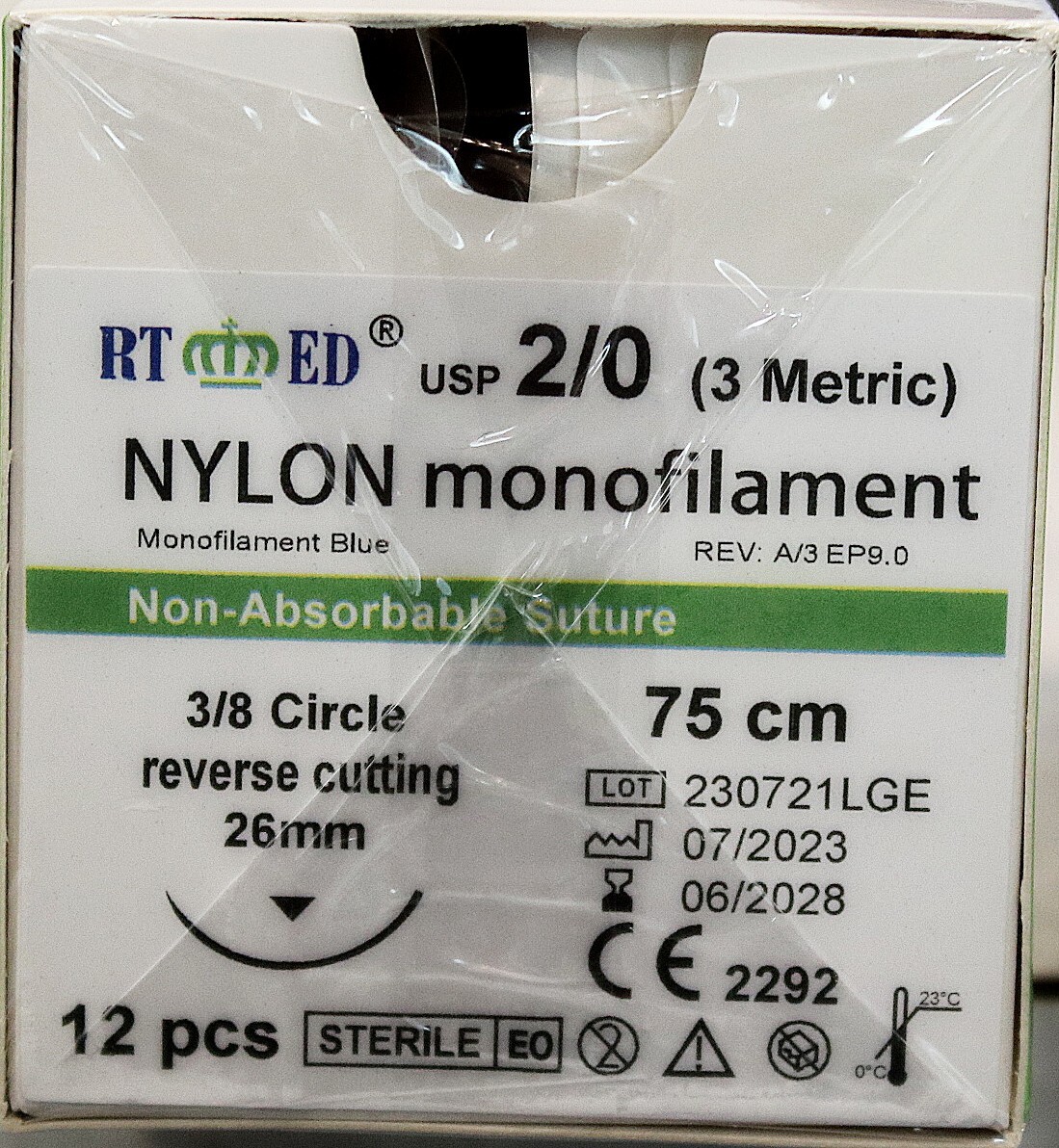 Nylon Mono Suture Size 2-0. 75 cm 3/8 Circle Cutting 26mm Human/Vet 1 DOZEN