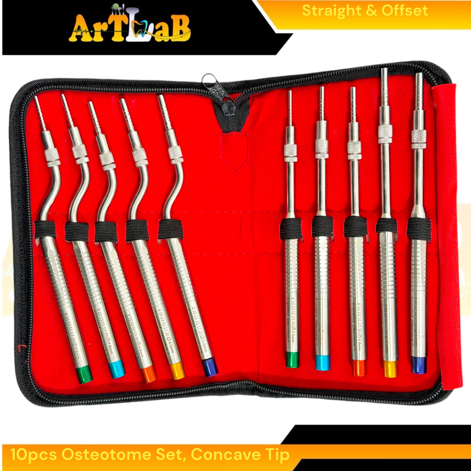 10 Count | Implant Chisel Bone Osteotomes, 2.6mm to 5mm Diameter, Premium