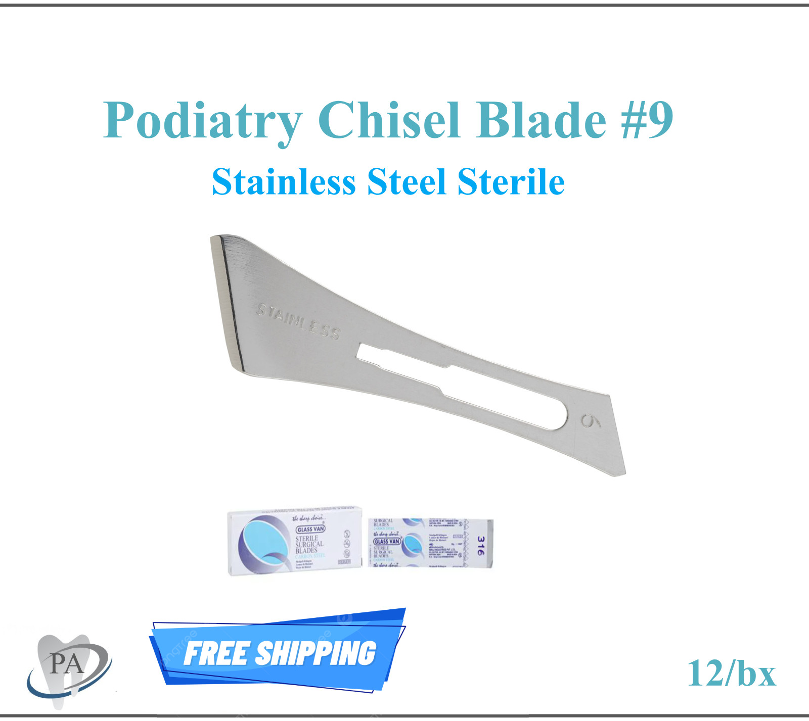GLASSVAN Chisel Podiatry Surgical Blades Stainless Sterile Blade, #9, 12/Bx Myco