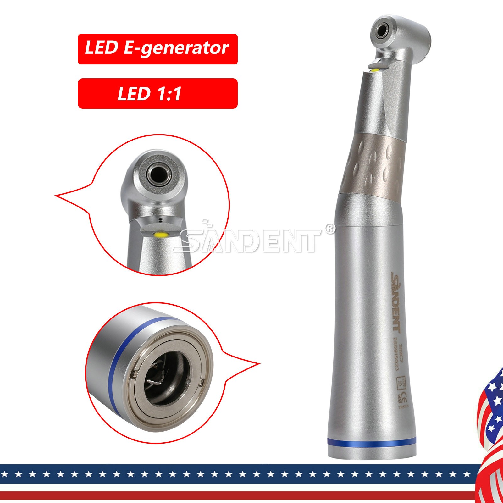 SANDENT 1:1 LED E-generator Fiber Optic Handpiece Contra Angle Inner Channel USA