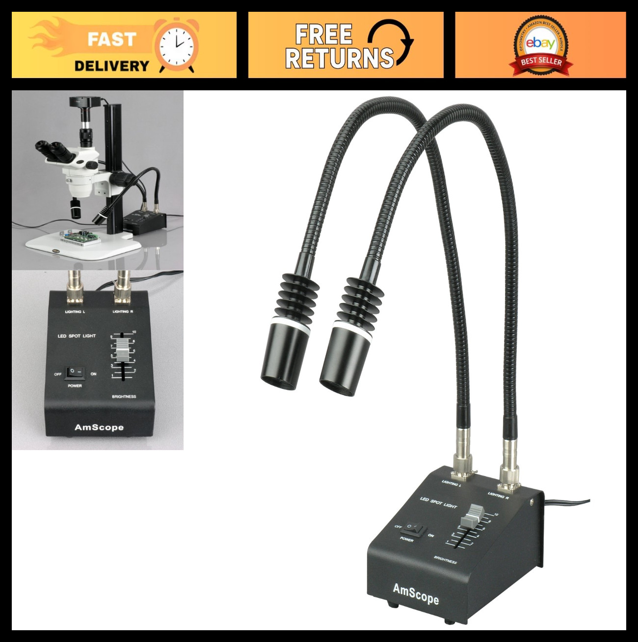 Powerful 6W LED Dual Gooseneck Illuminator Light for Microscopes – Black