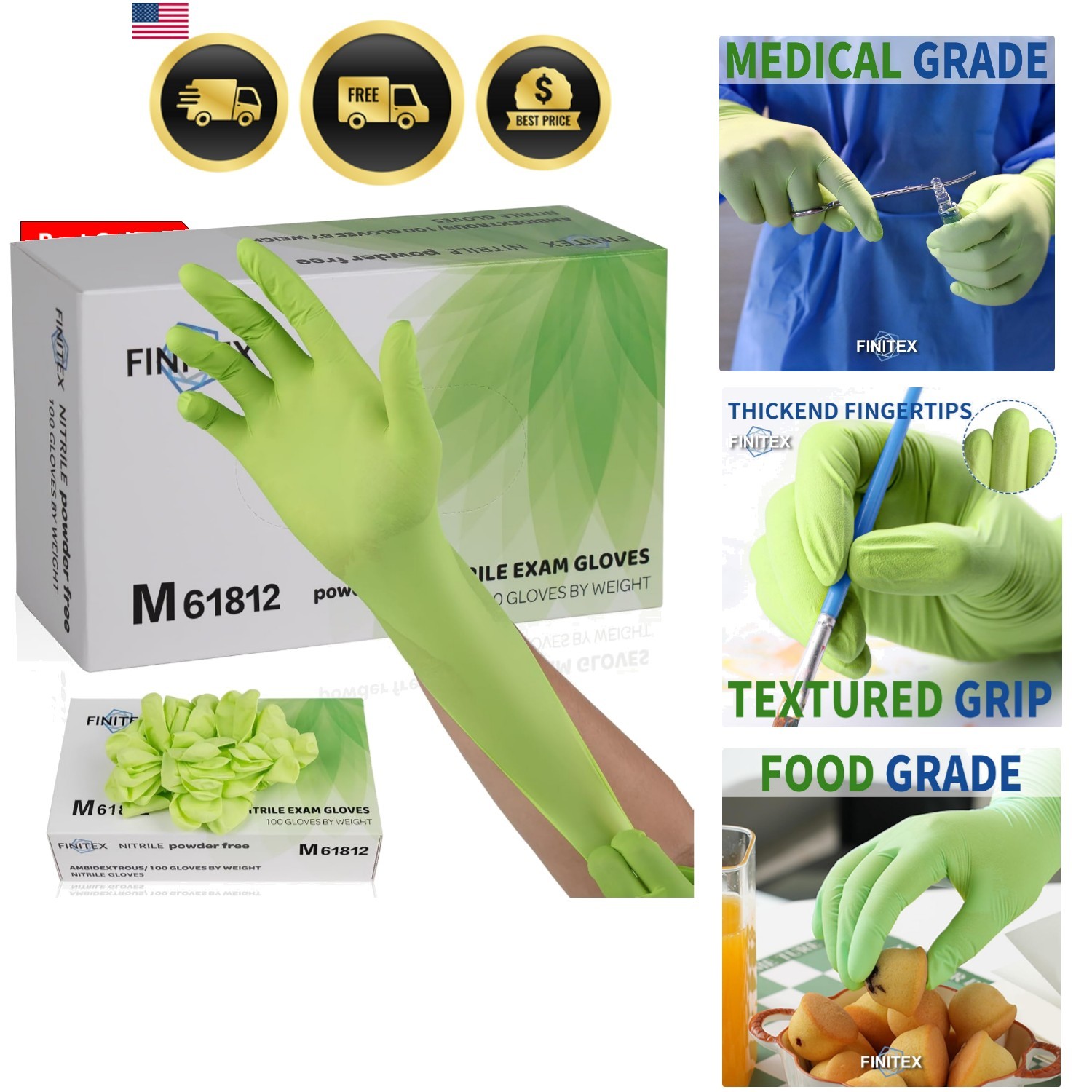 Nitrile Disposable Gloves – Green 3.5mil 100/1000PCS Powder-Free Latex-Free M…