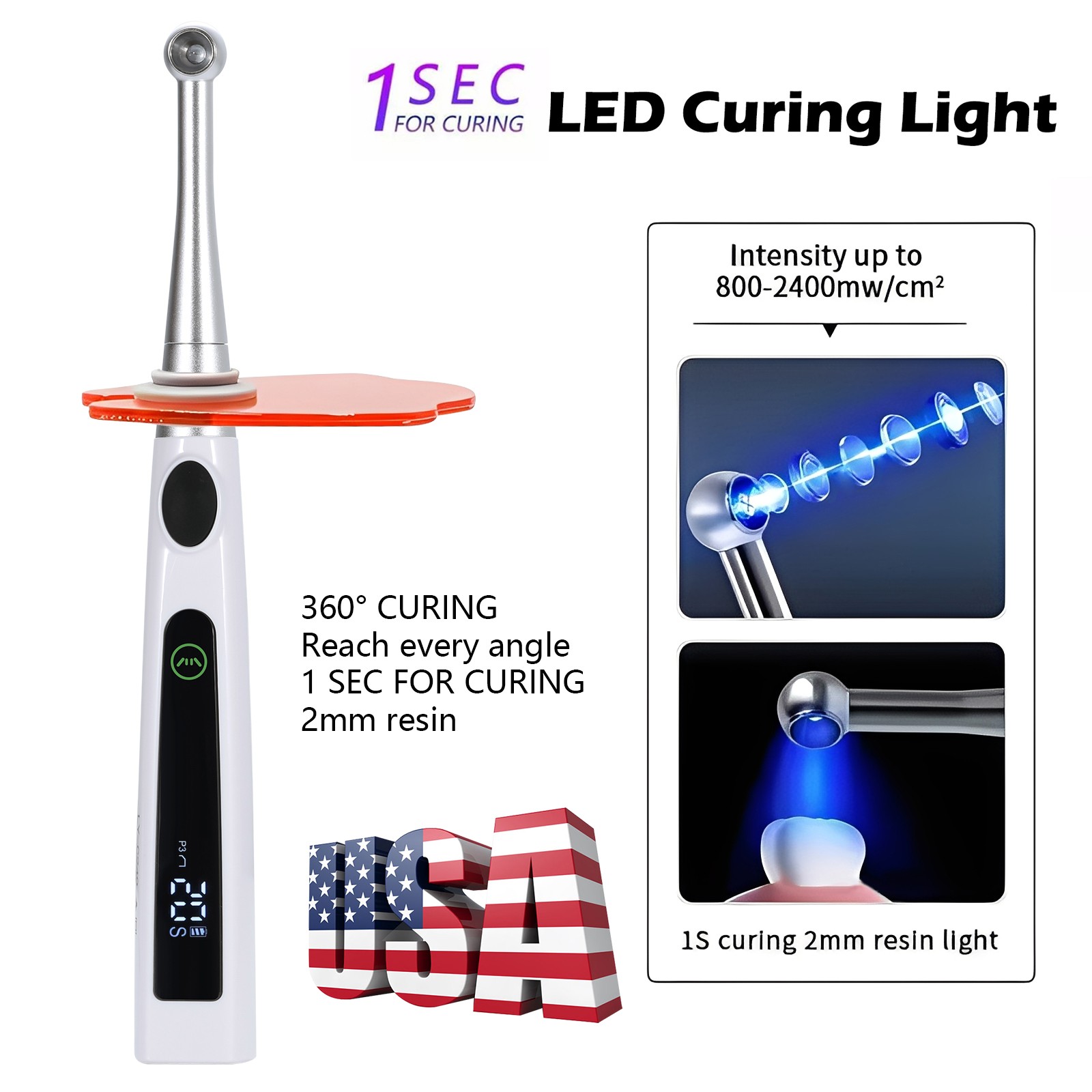 Dental Wireless Cordless LED Cure Curing Light Lamp 2400mw 5W 1 Sec Tool Resin