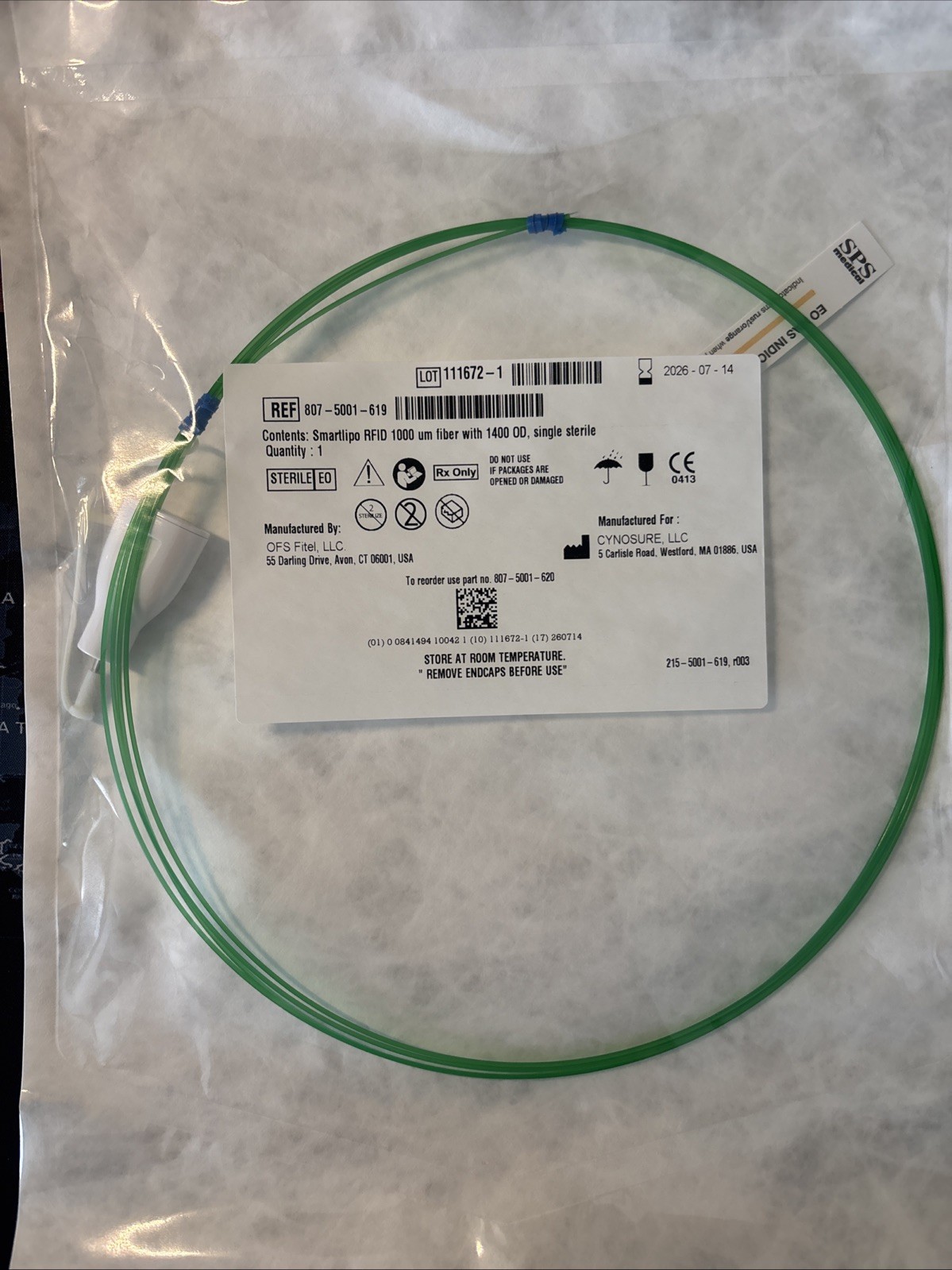 NEW CYNOSURE SMARTLIPO RFID 1000 um FIBER w/ 1400 OD 807-5001-619 Exp 2026-07-14