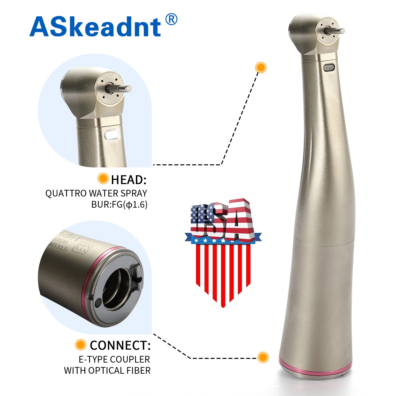 ELECTRIC ATTACHMENT 1:5 Dental Handpiece Fiber Optic 4 Sprays Red Ring