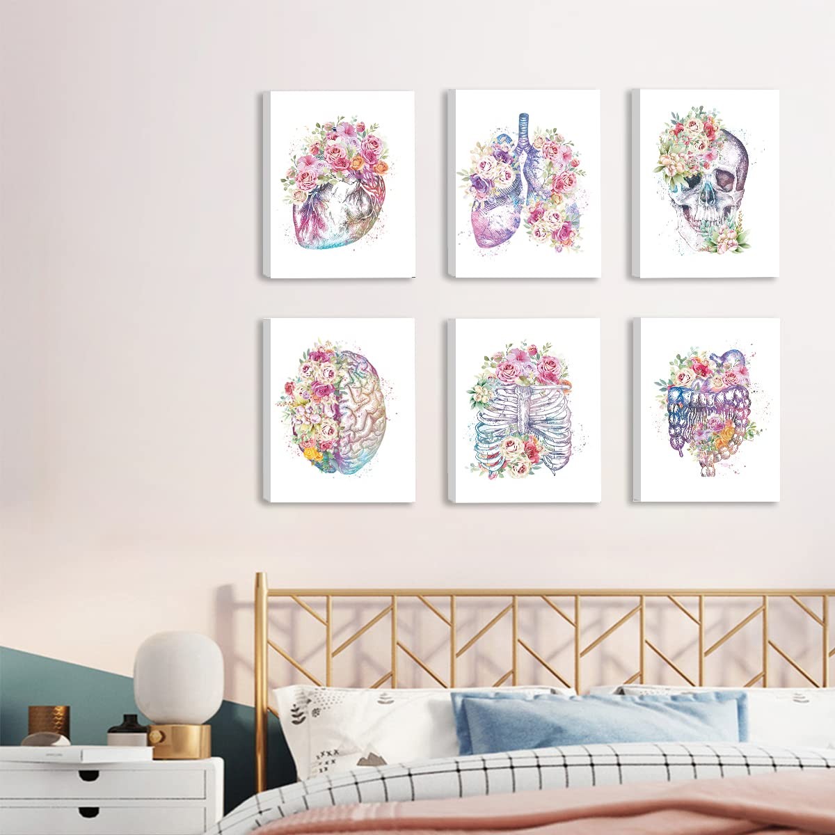 Human Anatomy Wall Art, Anatomical Art Set of 6(12”x16”),Floral Heart Skull O…