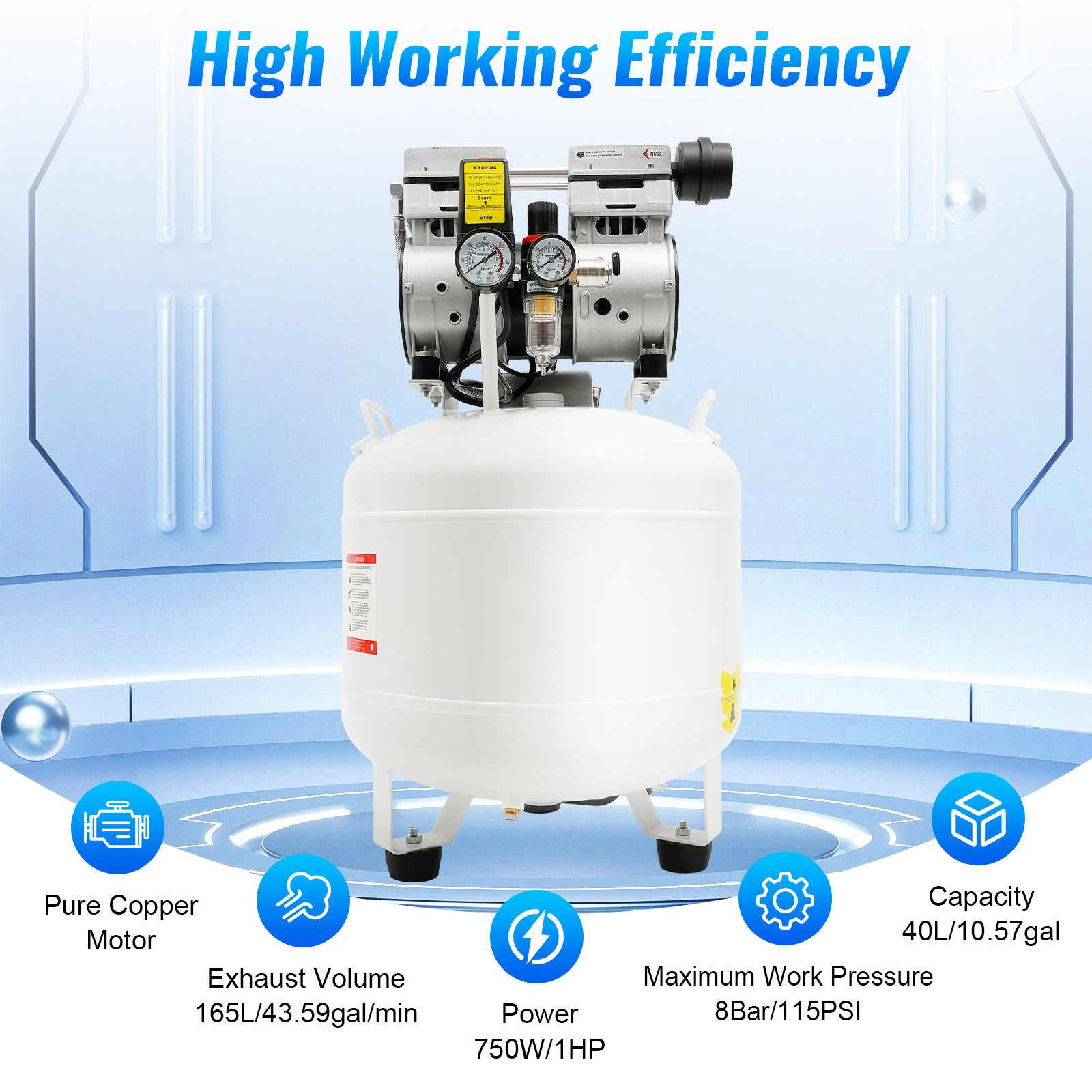 40L Dental Medical Air Compressor Silent Air Compressor Oilless 115PSI 0.75KW