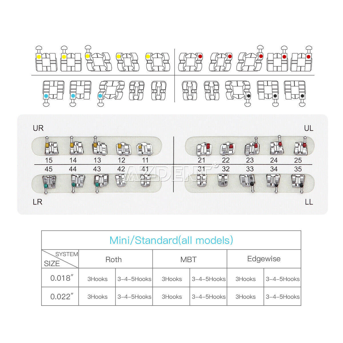 10 Sets AZ Dental Orthodontic Brackets Braces Standard Roth.022 Hooks 3-4-5