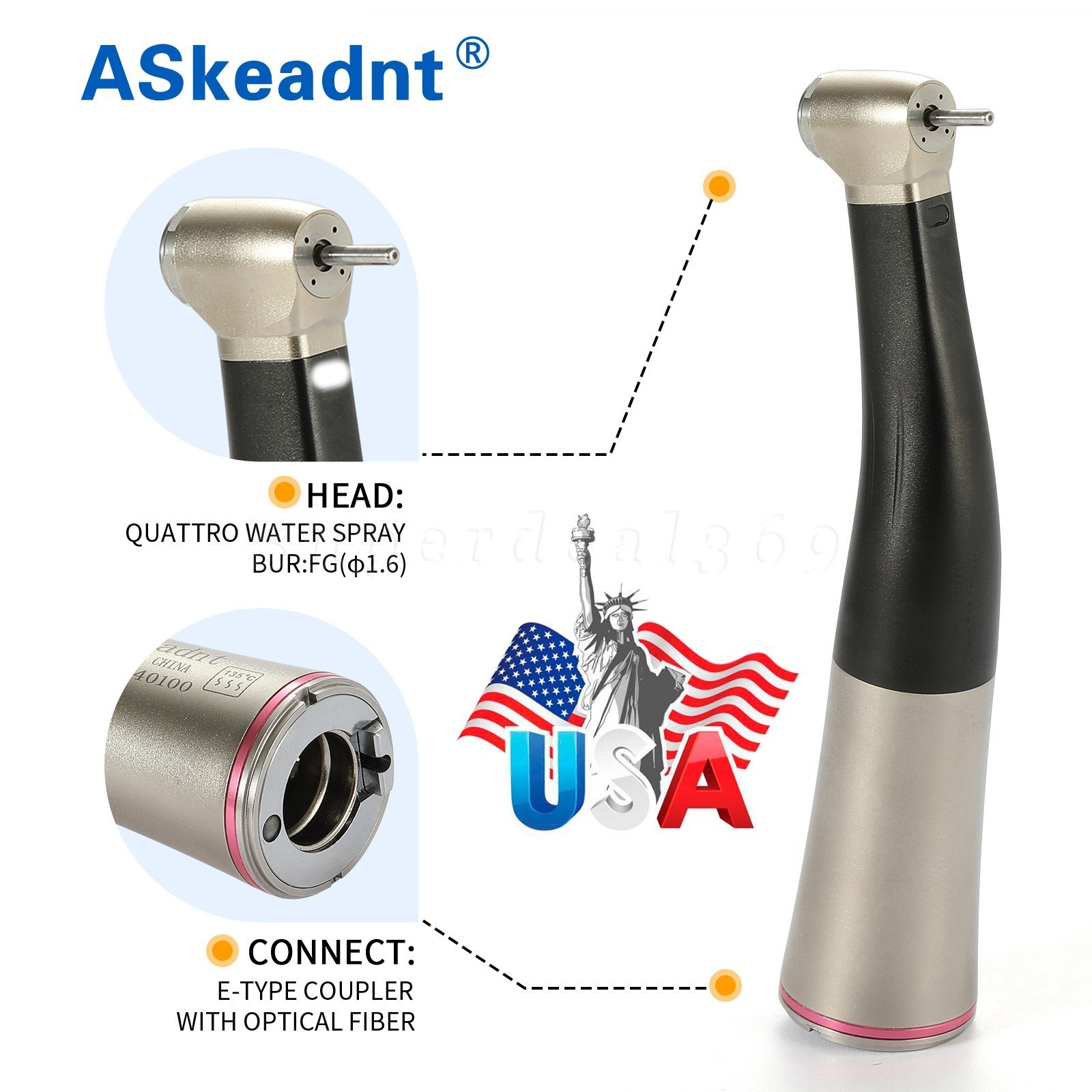 1:5 ratio Dental Fiber Optic LED Contra Angle Handpiece Inner 4 Spray /Rotor SA