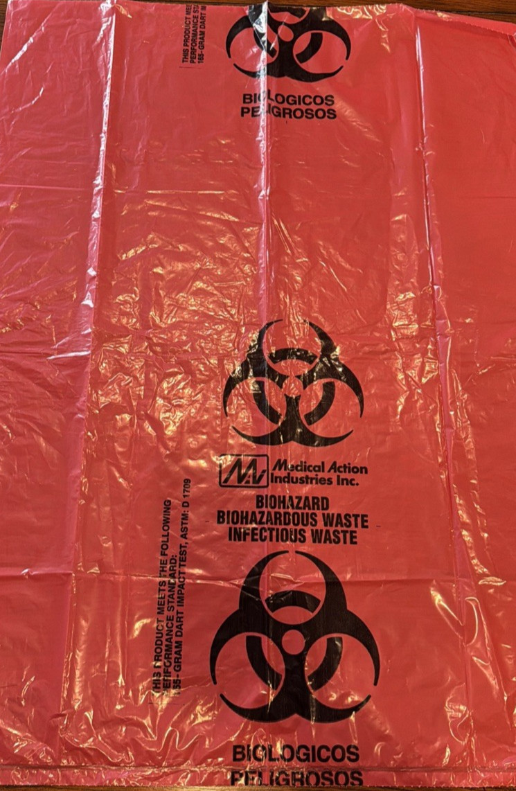24″ x 32″ Biohazard Can Liners~Red~Quantity 50-English-Spanish