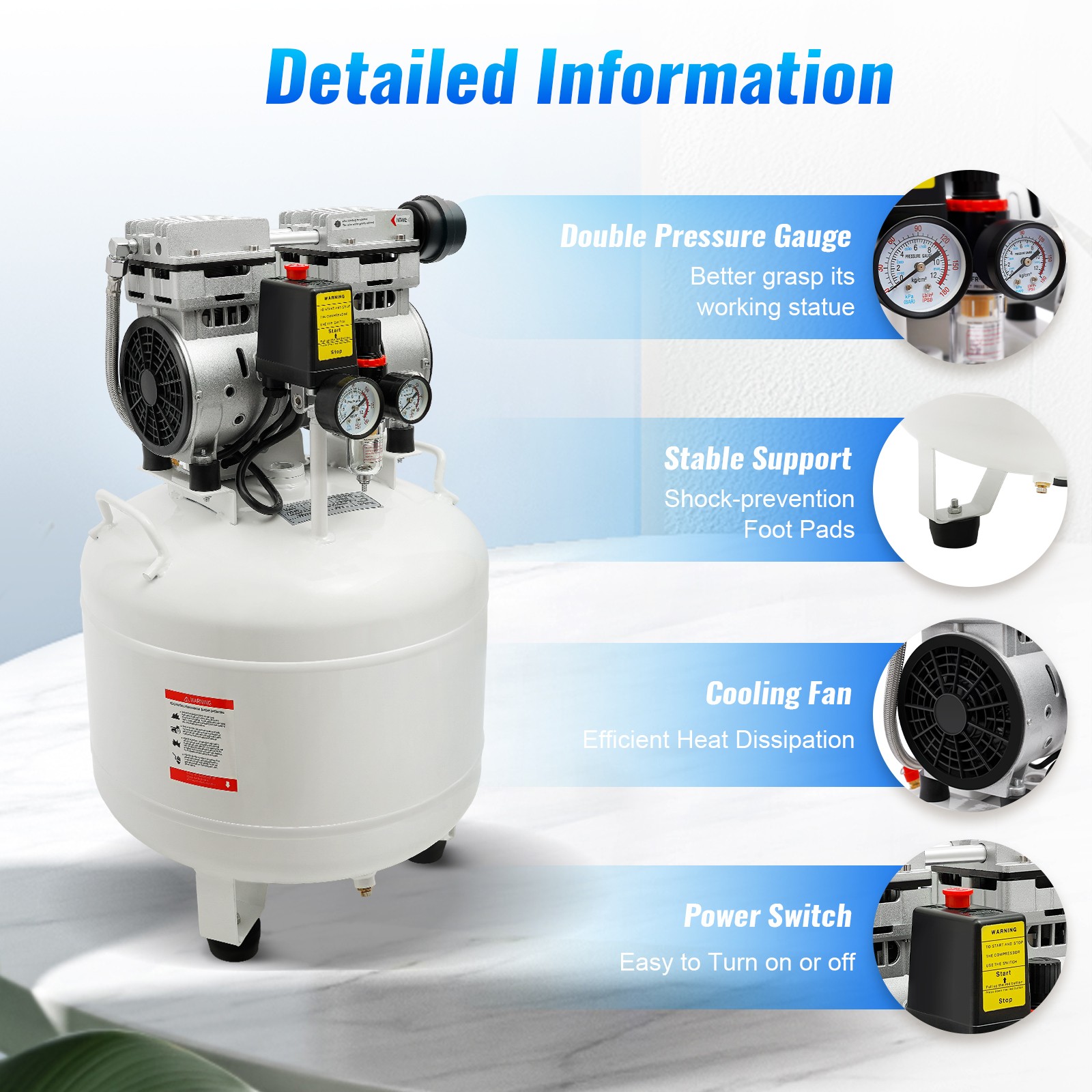 40L Portable Dental Air Compressor Oil Free Silent Air Pump 115 PSI