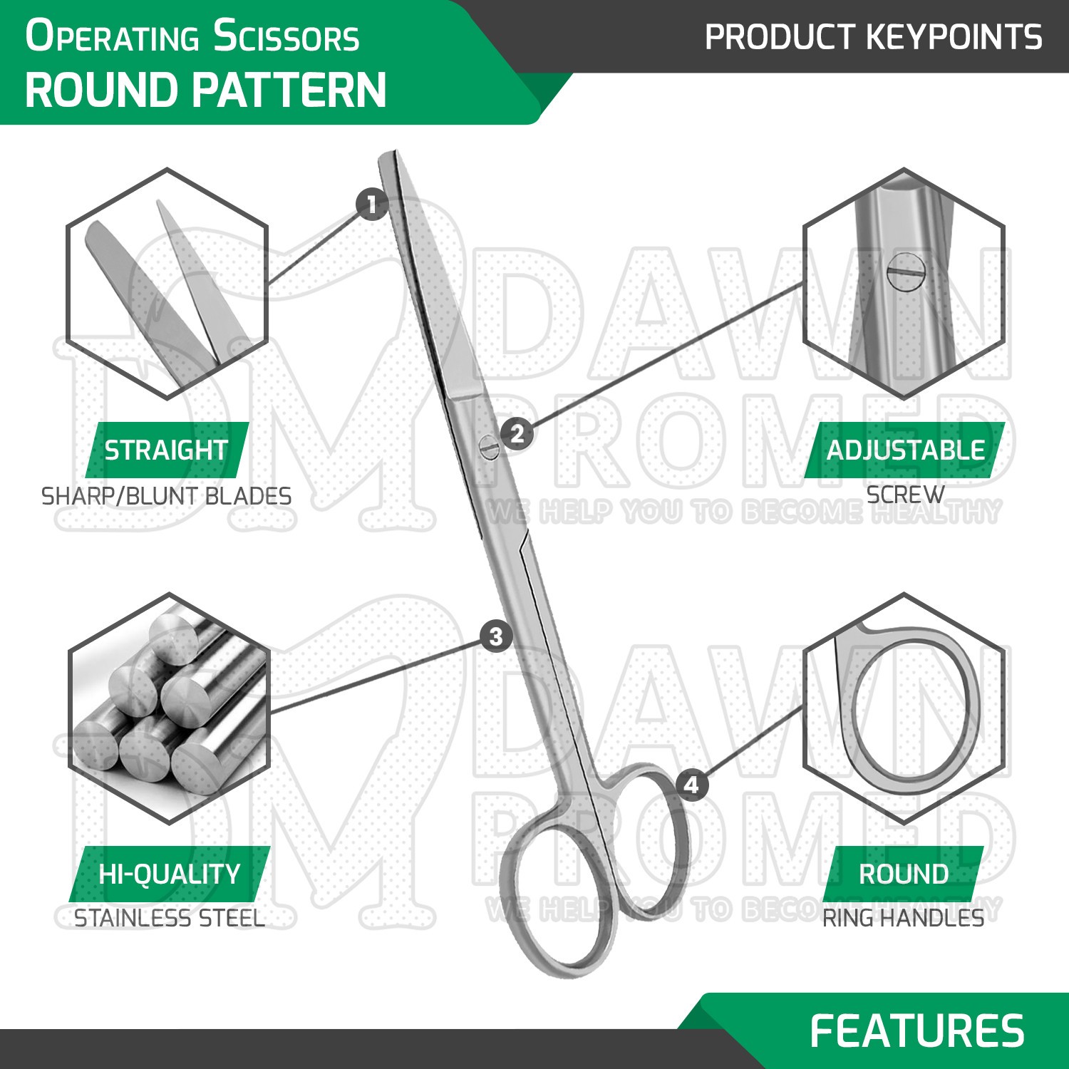 6 Pcs Operating Scissors 4.5″ Straight Sharp Blunt Round Pattern Surgical Set