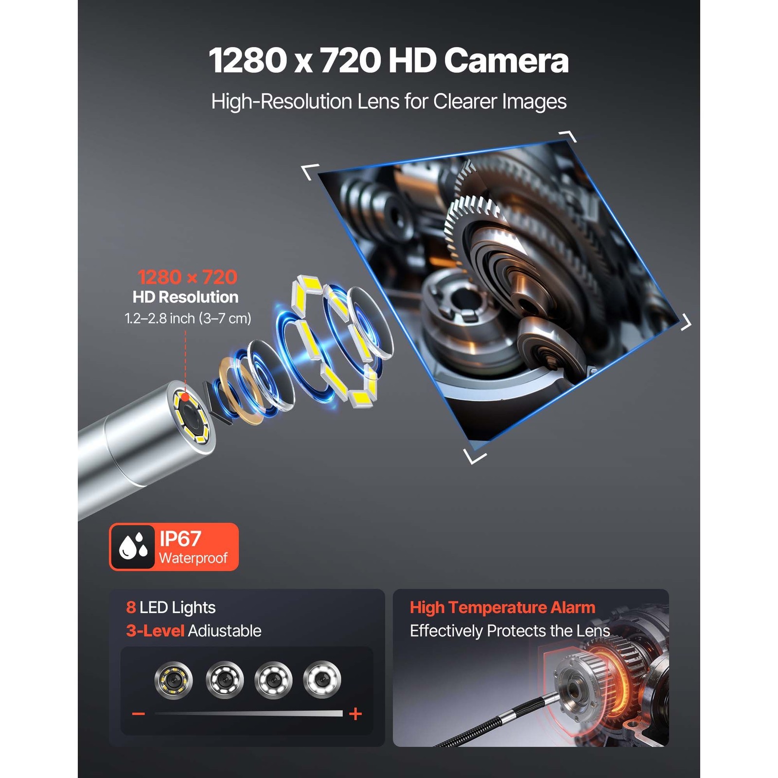 Articulating Borescope Camera, 4.3″ HD Screen, 1280×720, IP67 Waterproof, 4.9FT