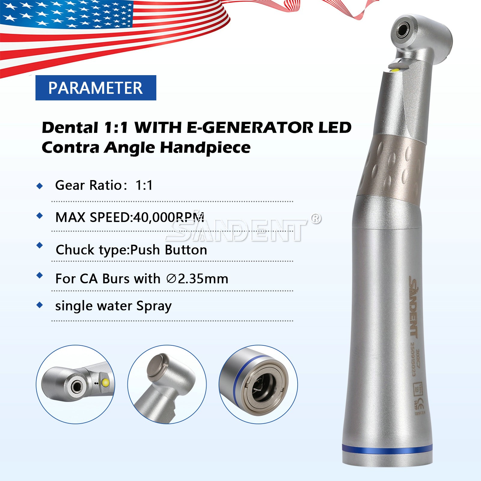 SANDENT 1:1 LED E-generator Fiber Optic Handpiece Contra Angle Inner Channel USA